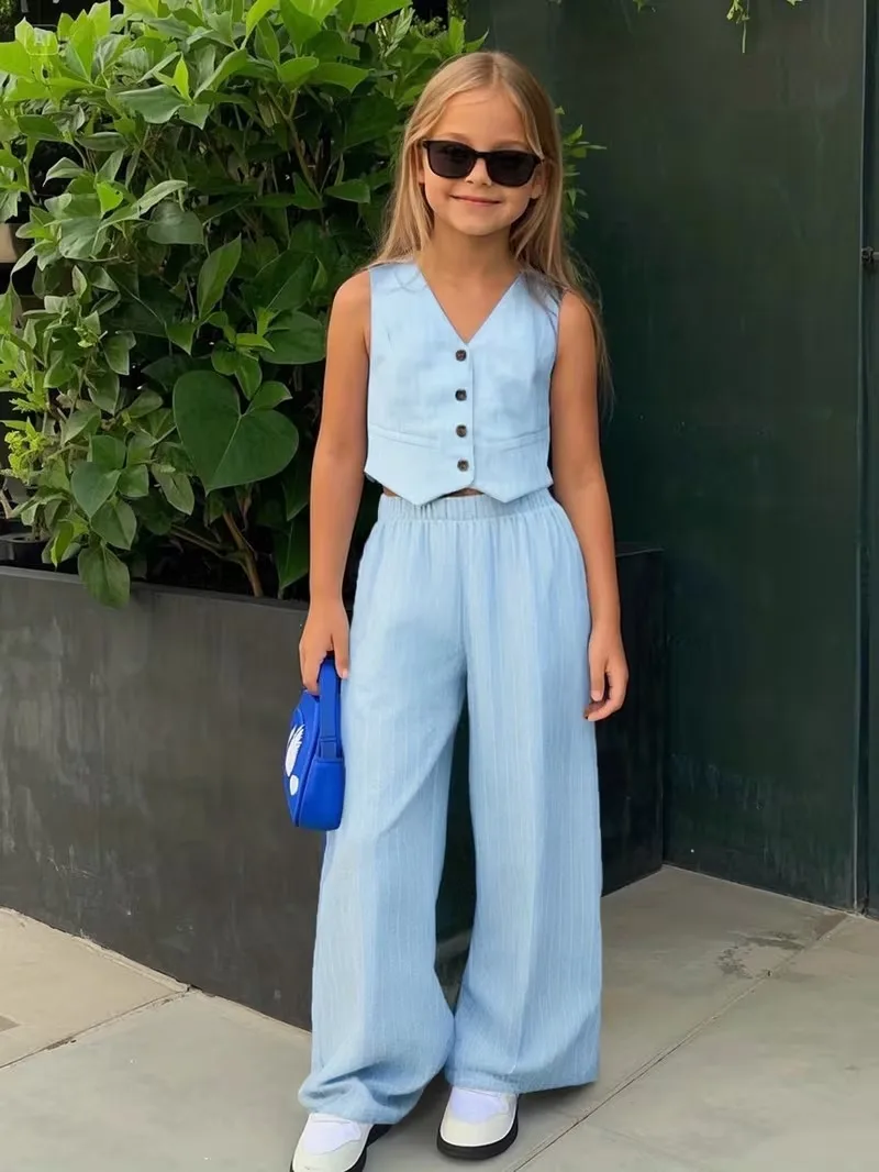 2-teiliges hellblaues Outfit für Mädchen, Weste mit V-Ausschnitt und Knöpfen, Oberteil und Hose mit hoher Taille und weitem Bein, lässiges Urlaubsset für Kinder Image
