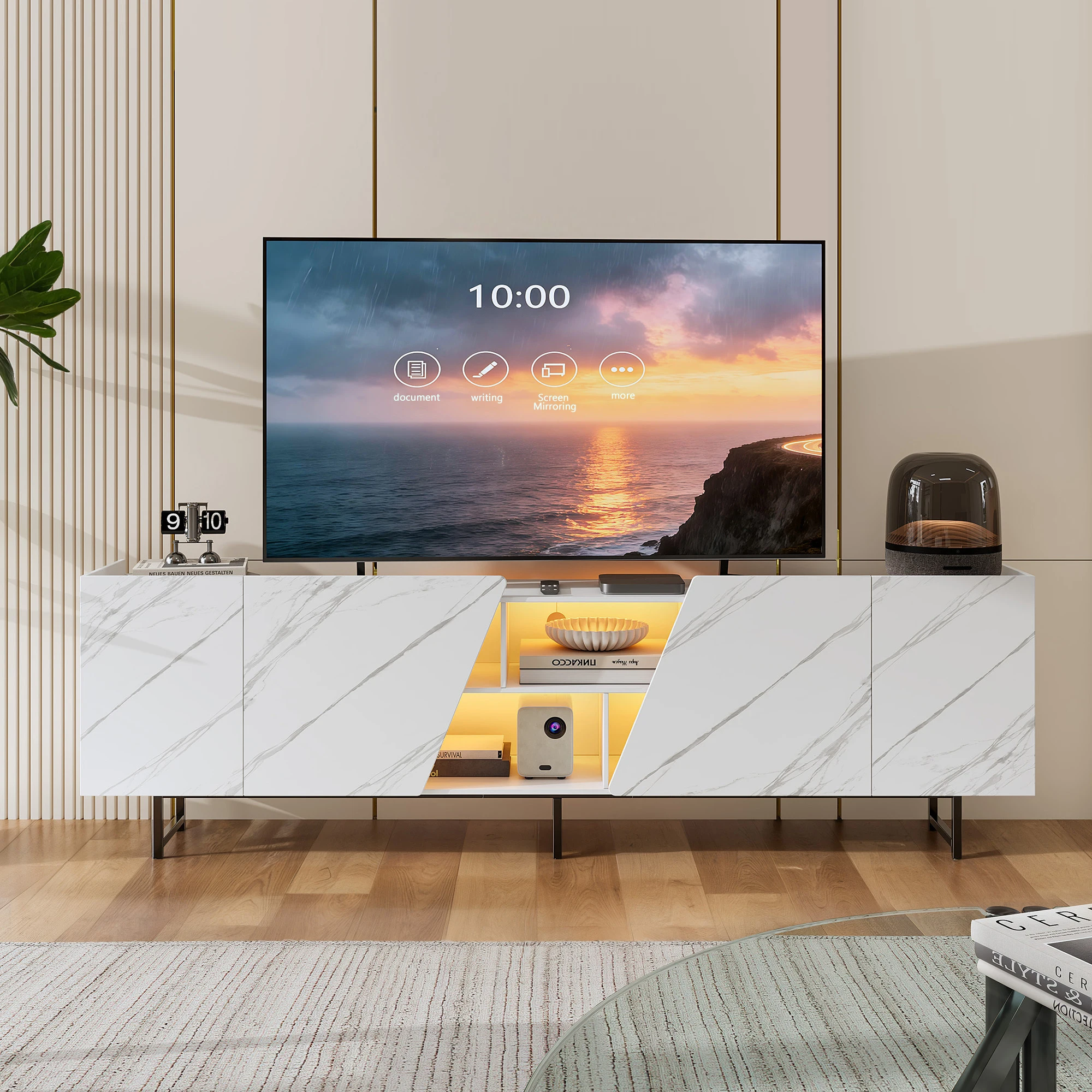 TV-Möbel, Länge cm, weißer Marmor mit LED-Beleuchtung, 4 Türen und 8 Staufächer, modernes TV-Möbel aus Holz Image
