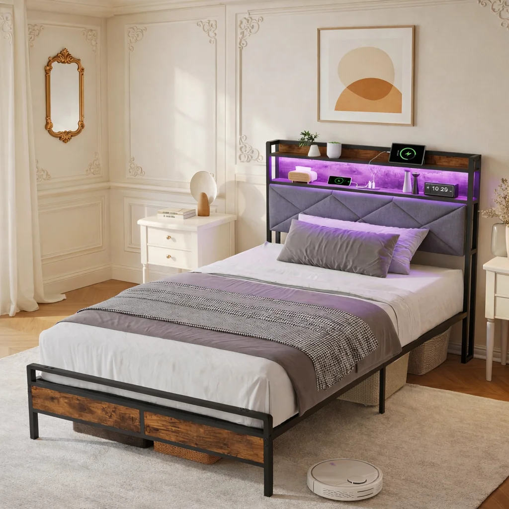 Bett 90x200 cm Polsterbett mit LED und Anschluss, Einzelbett mit Stauraum und stabilem Metall Lattenrost, Bettgestell modern Jugendbett Kinderbett Schlafzimmer Gästezimmer Grau