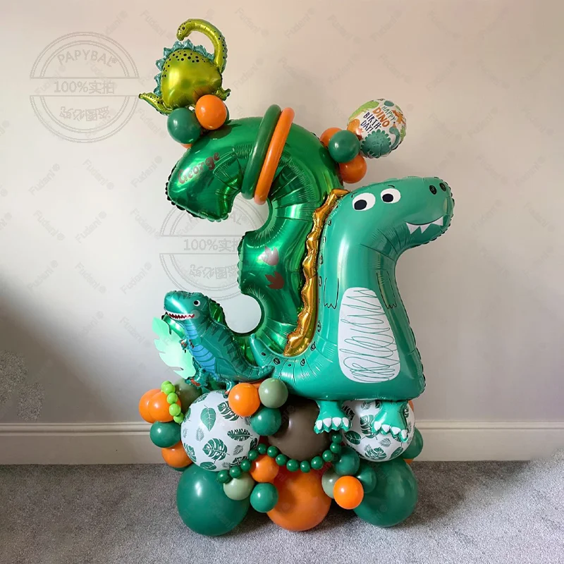 58-teiliger grüner Dinosaurier-Ballonturm mit grünen Zahlenballons 1-9 für Dinosaurier-Themen-Geburtstagsfeiern, DIY-Dekorationen Image