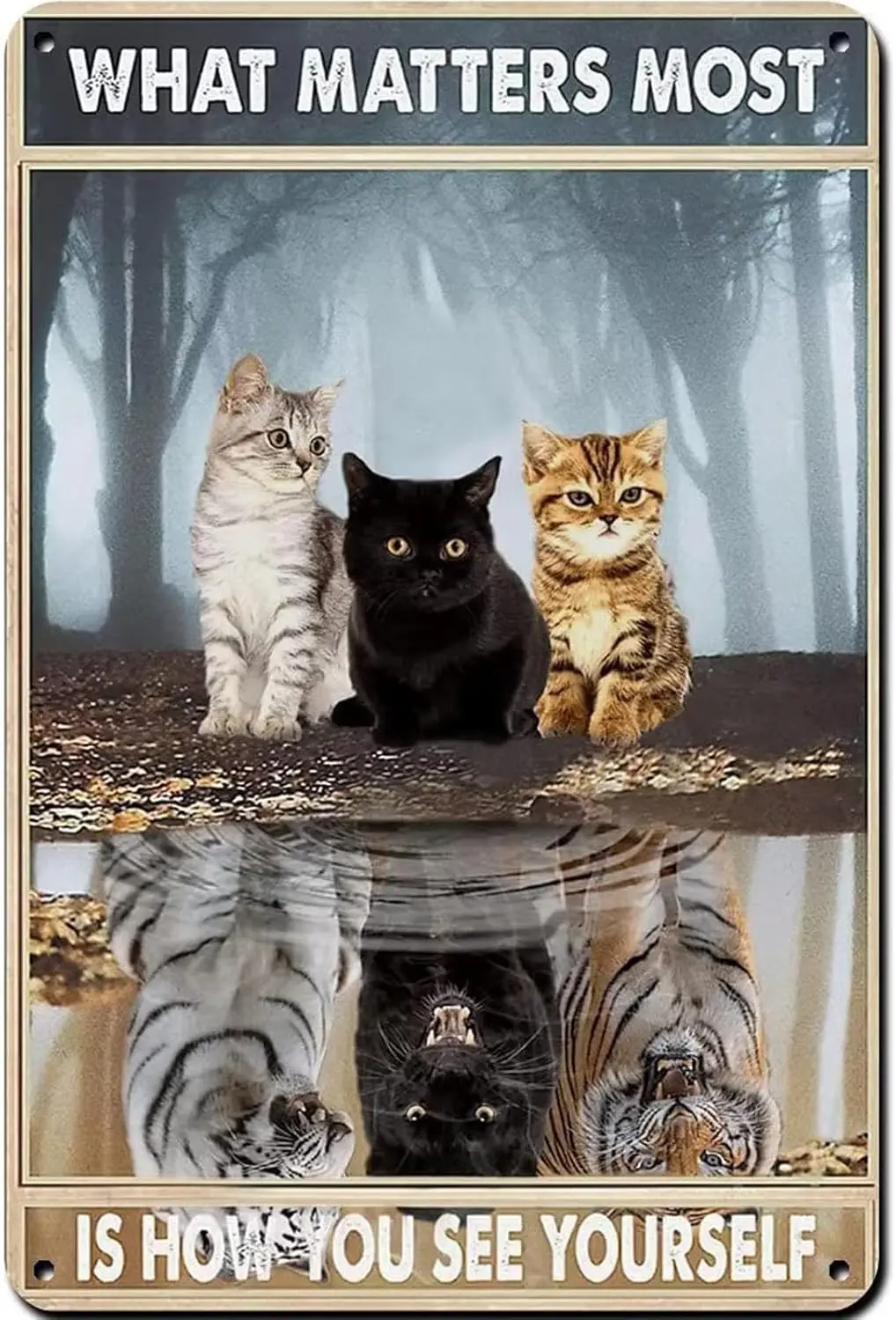 Schwarzes Niedliches Katzen-Metallschild im Retro-Stil: „Was Wichtigste ist, ist, wie du dich selbst siehst“ – Inspirierendes Vintage-Schild für Zuhause und Café-Wanddekoration Image