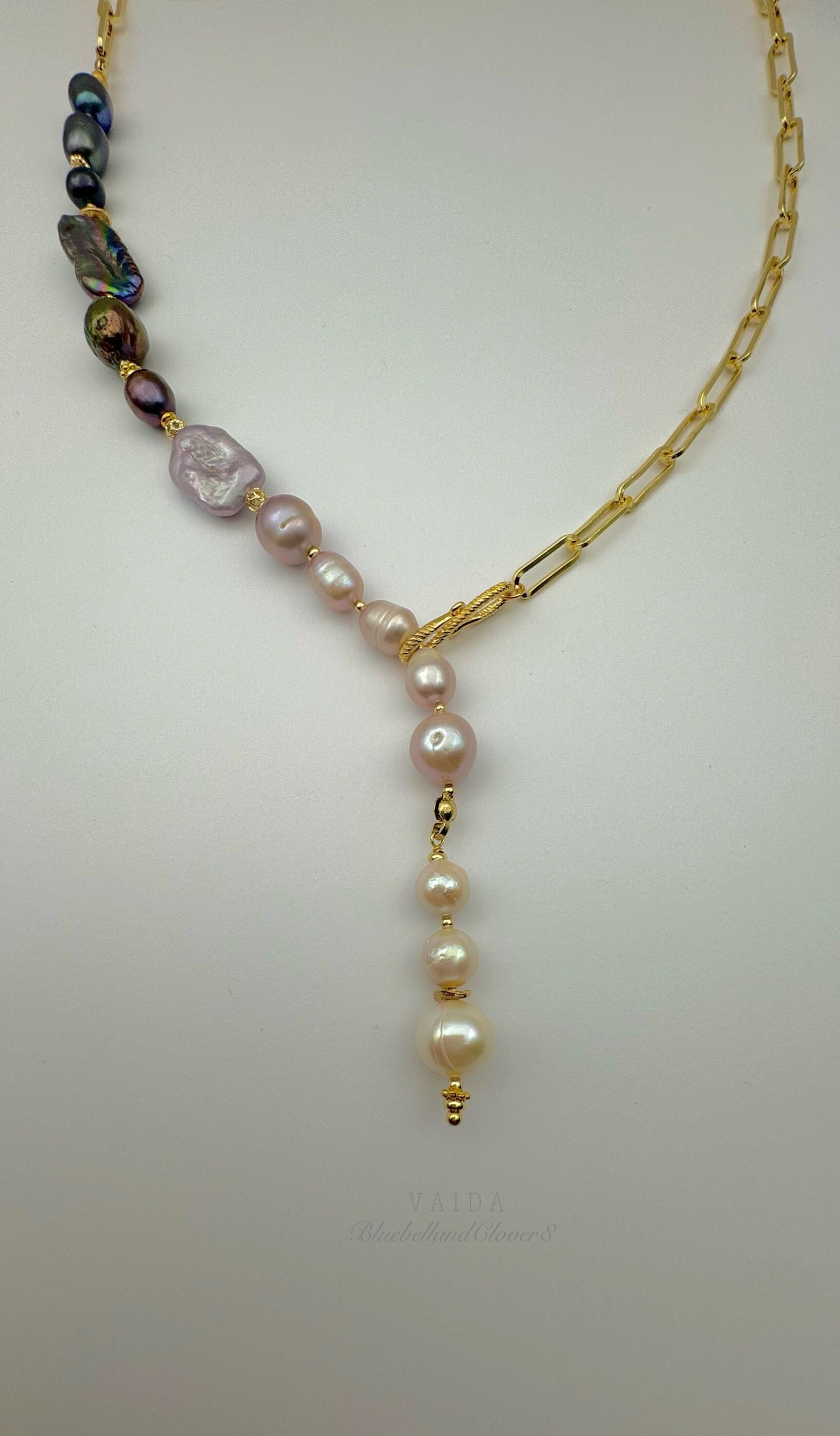 Collana a Y con catena di perle barocche / Collana di perle Keshi / Collana a catena di perle Ombre / Collana di perle barocche Lariat / Collana multi