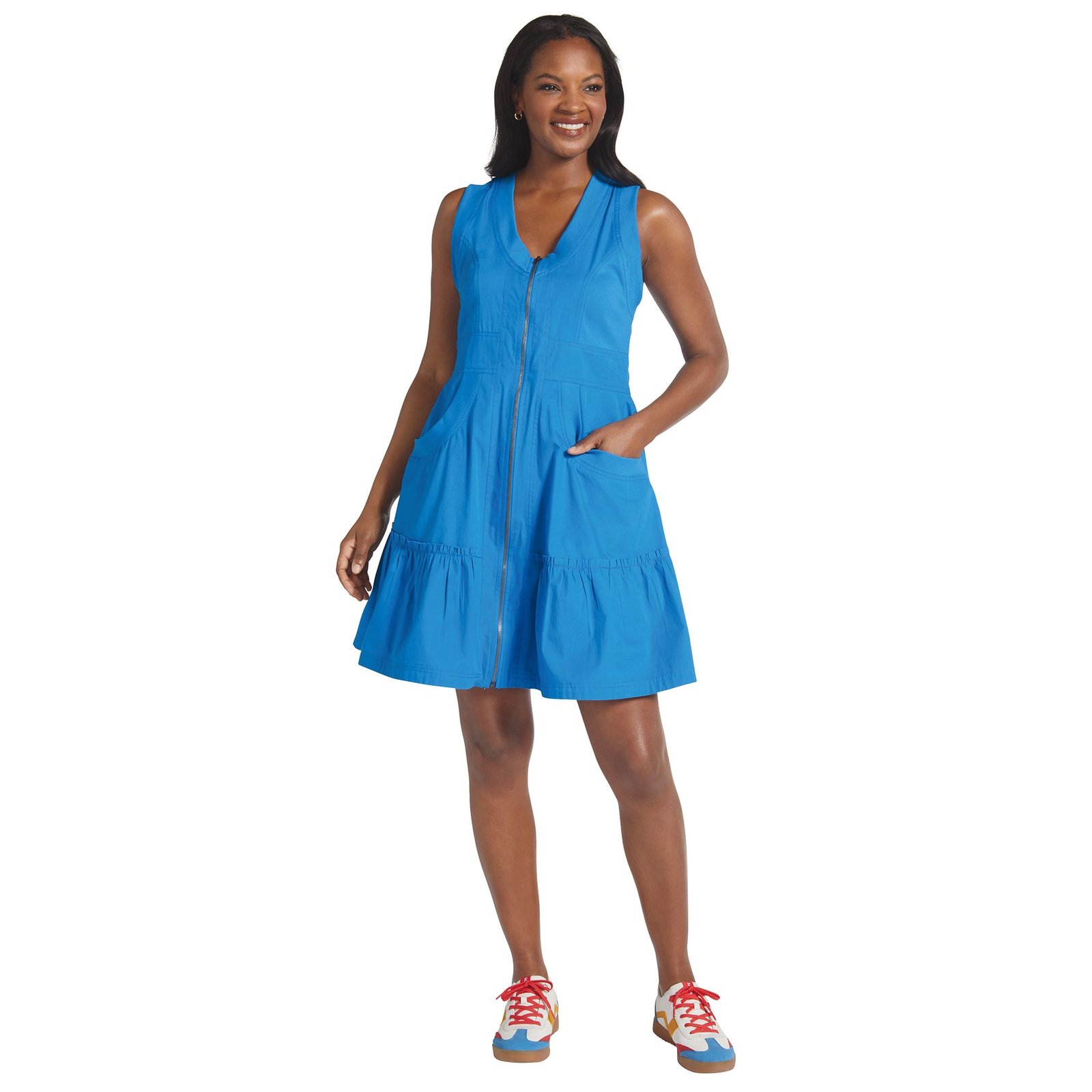 Masseys Utility Zip Front Dress (Size 3X) French Blue, Cotton,Spandex
