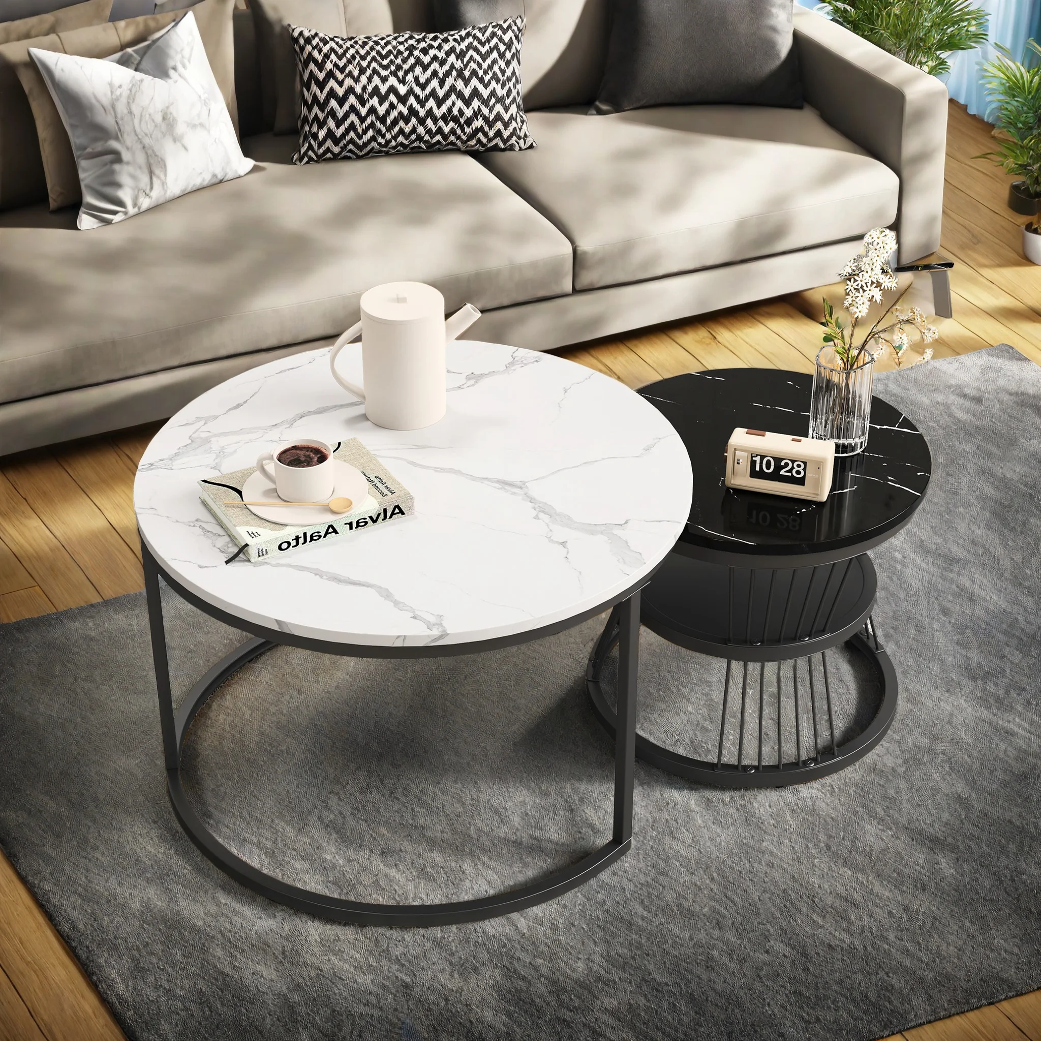 Set di 2 tavolini impilabili Fangange, tavolini da caffè rotondi moderni con contenitore, tavolini laterali per divano, mobili da soggiorno, struttura in metallo