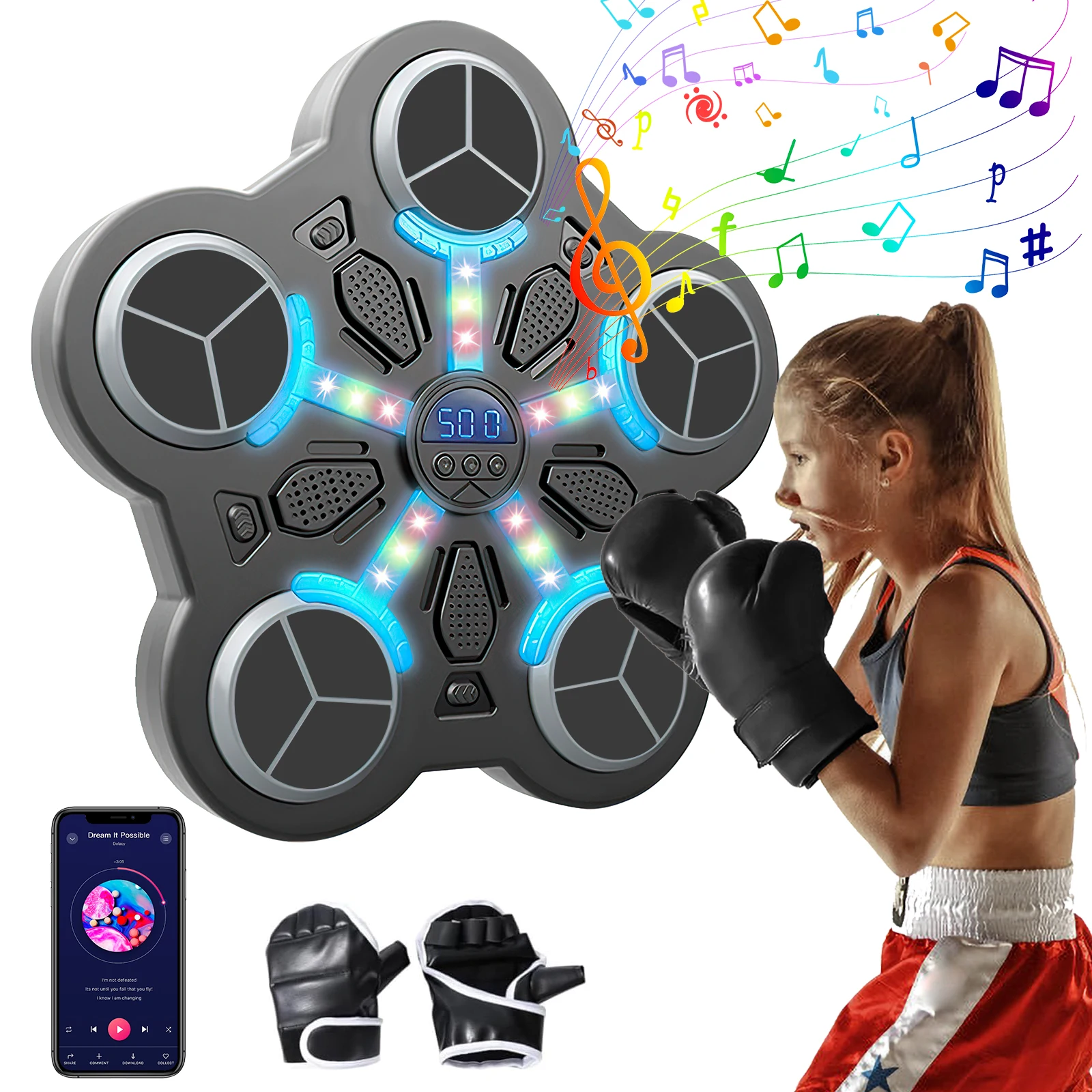 Macchina da Boxe Intelligente Bluetooth con Musica, 5 Target, Luci LED per Punteggio e Ritmo, 3 Modalità di Velocità con Musica per Allenamento Domestico