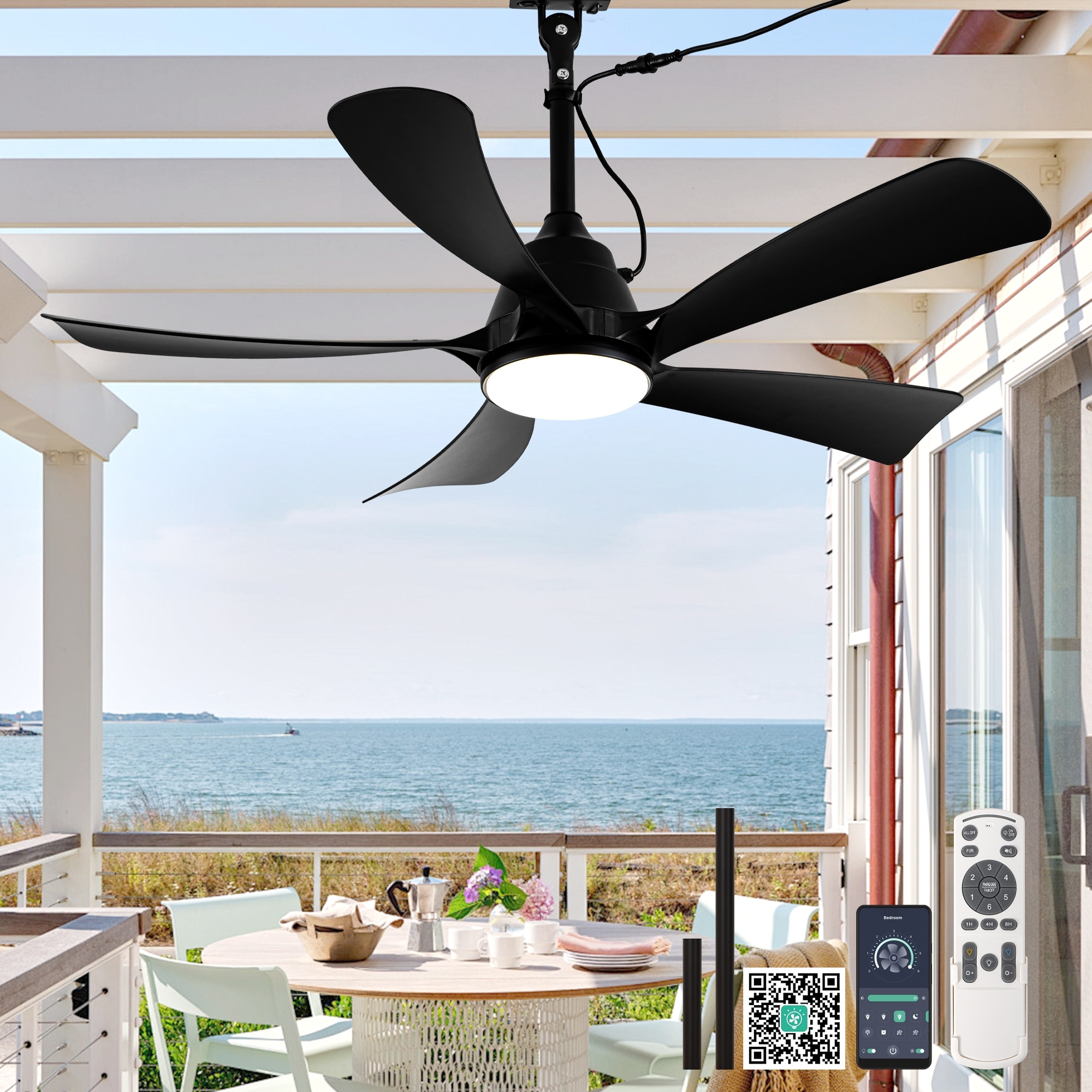 Cusp Barn 42" Outdoor Ceiling Fan with Light, Waterproof Black Plug-in Ceiling Fan with APP Control, 6-Speed Hanging Gazebo Fan