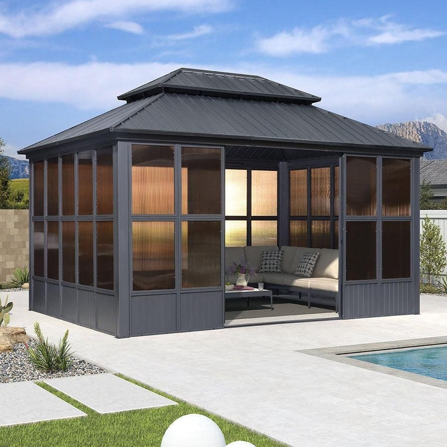 PURPLE LEAF Double Top Sunroom Outdoor Grey All-Weather Screen House Patio Hardtop Gazebo