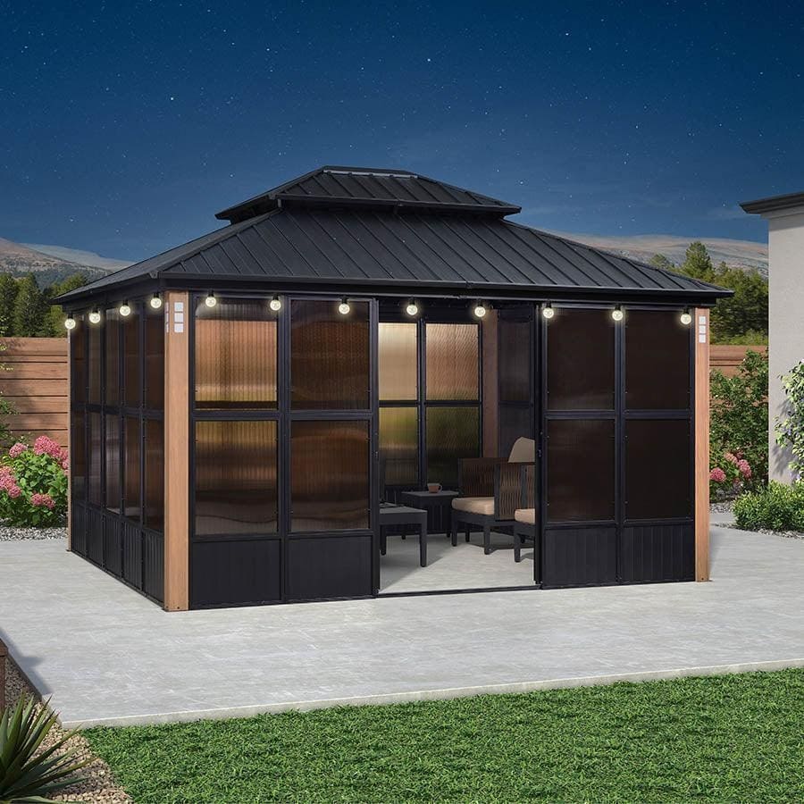 PURPLE LEAF Bronze Sunroom Double Top Outdoor All-Weather Screen House Patio Hardtop Gazebo