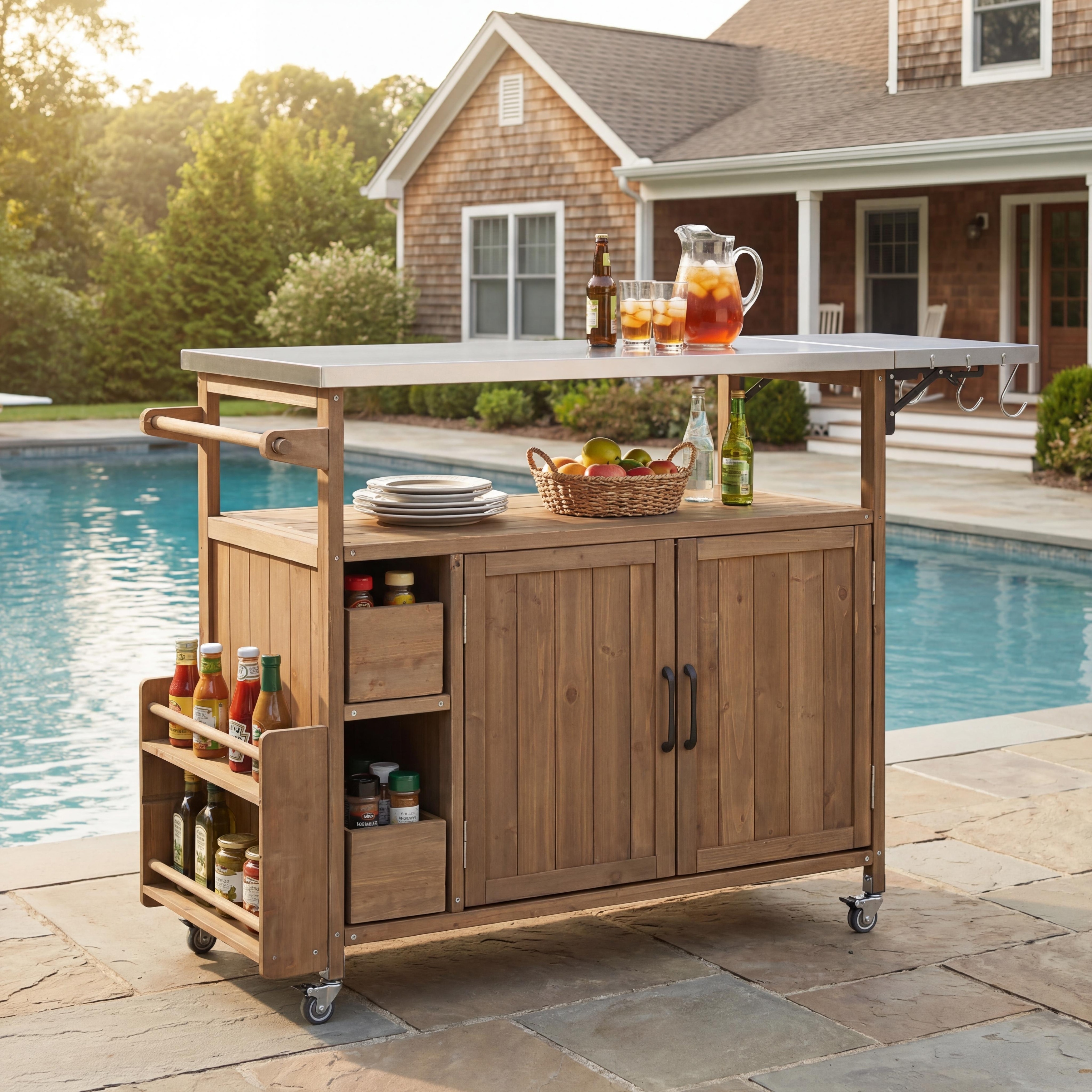 Christopher Knight Home - Farmhouse 54.3" Solid Wood Outdoor Kitchen Bar Cart, Stainless Steel Top, Spice Rack & Lockable Wheels
