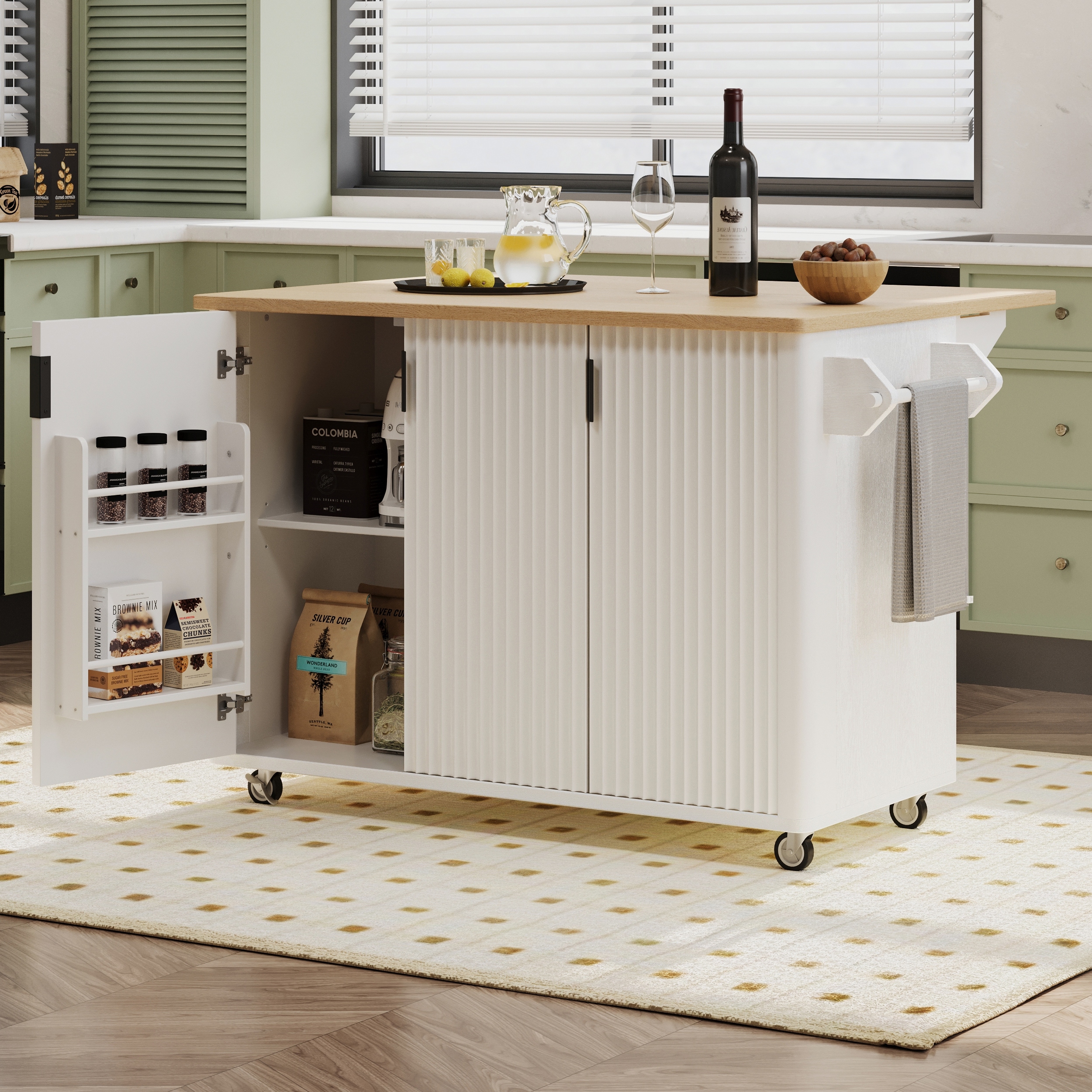 Fluted Kitchen Island with Drop Leaf, Mobile Kitchen Island on Locking Wheels, Rolling Kitchen Cart with Towel Rack