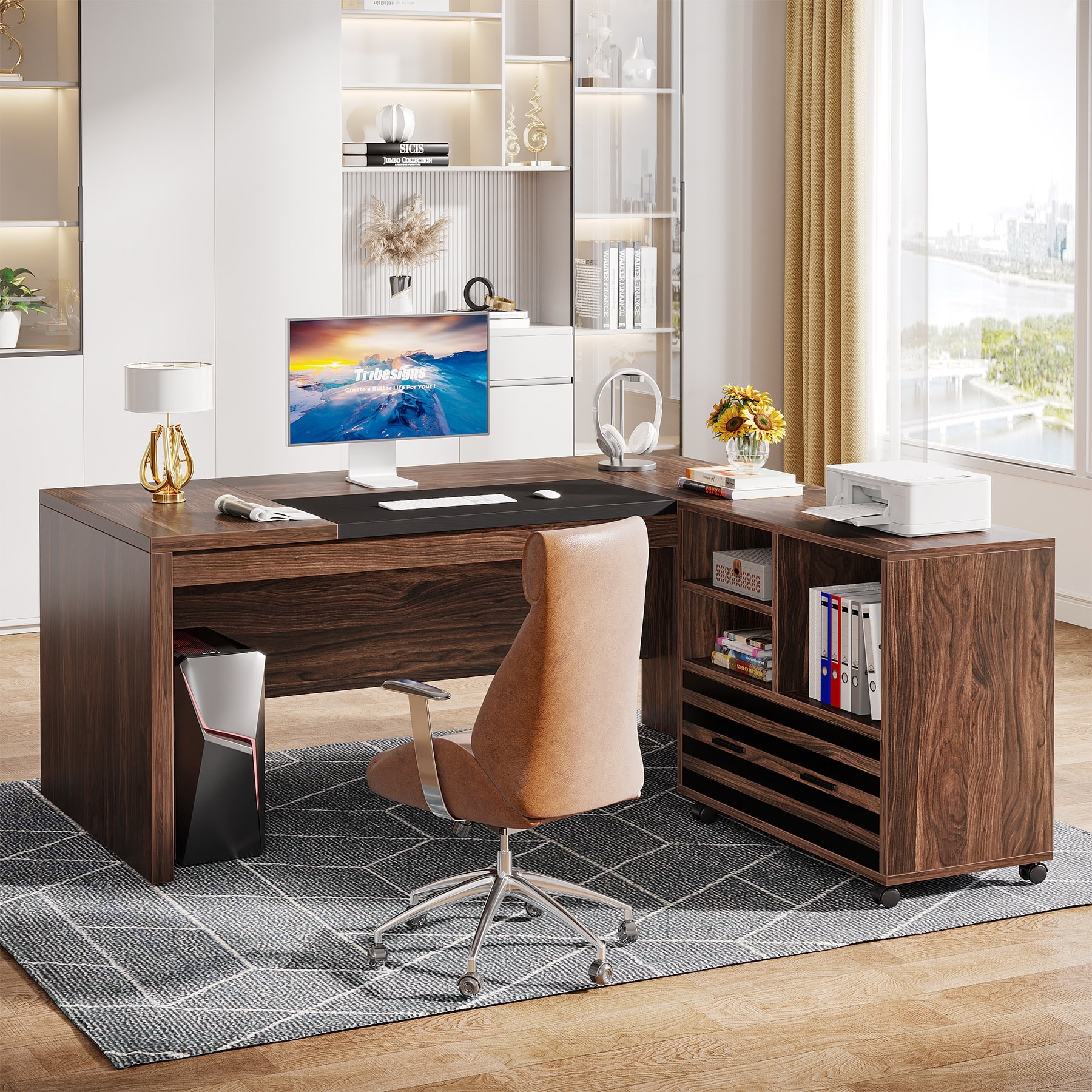 62.2" Executive Desk with Mobile File Cabinet, L-Shaped Office Desk for Home Office