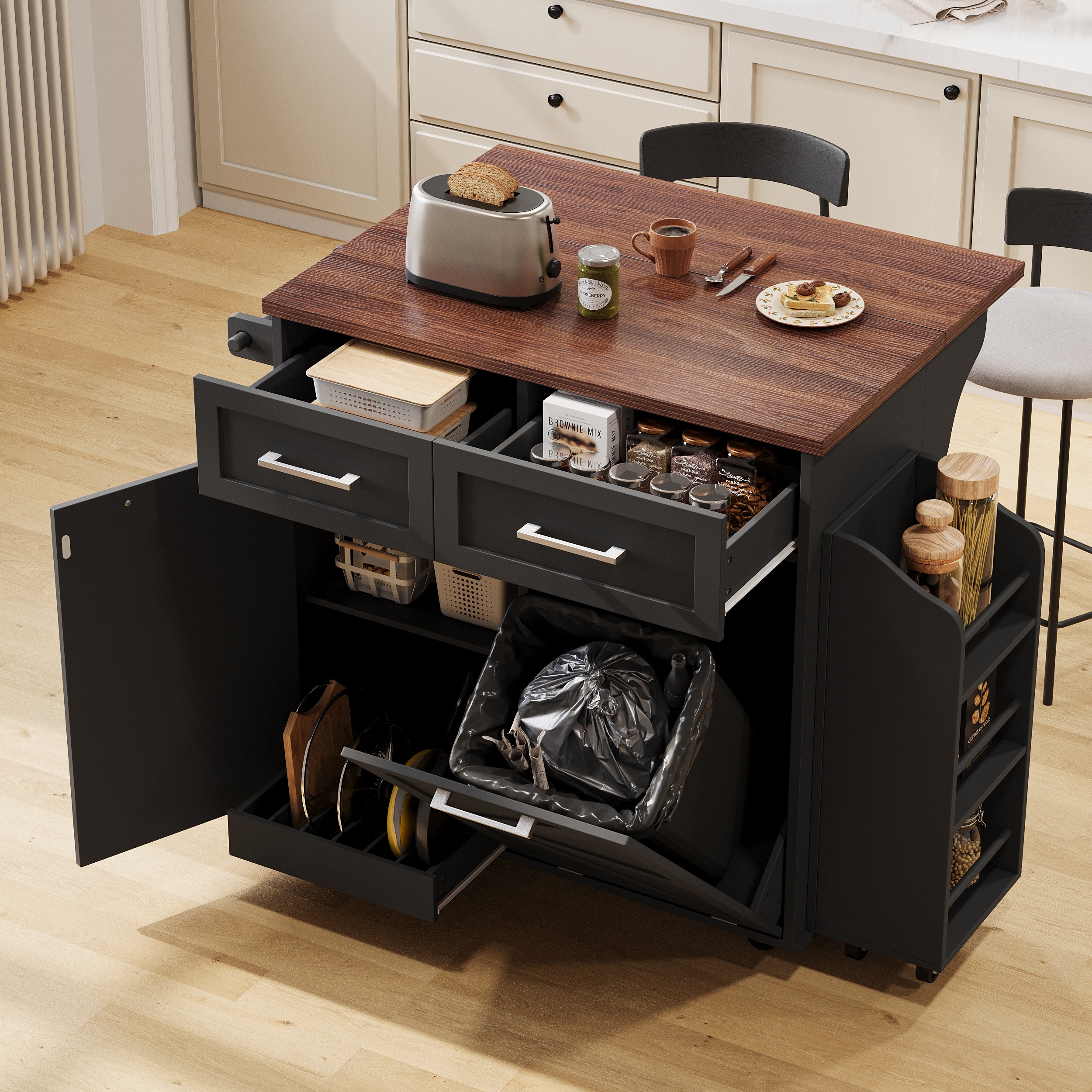 47.2"Farmhouse Kitchen Island with Drop Leaf, Removable Side Racks,Two Drawers,Rolling Kitchen Cart on Wheels with Towel Rack