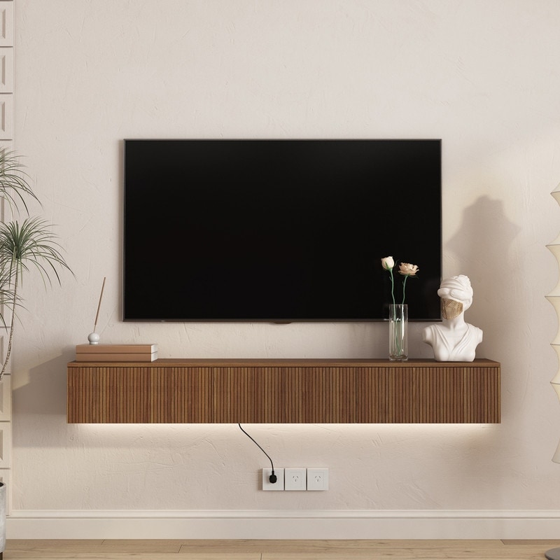 65" Floating TV Stand Wall Mounted with 16 Color LEDs, Modern Fluted TV Stand Entertainment Center for TVs Up to 65"