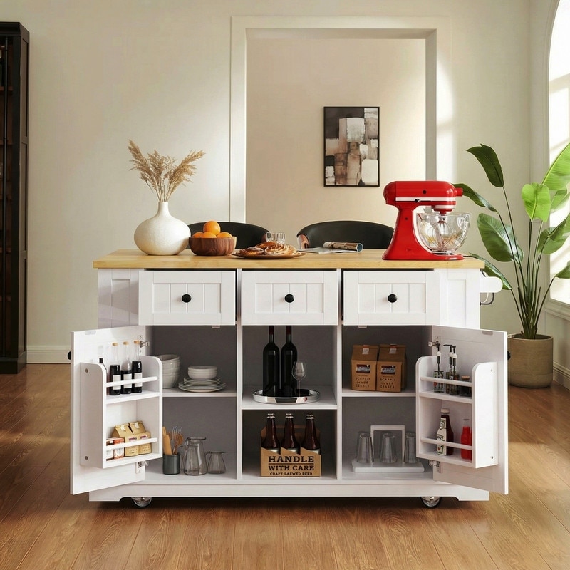 53" Kitchen Island with Drop Leaf,Rolling Kitchen Cart on 5 Wheels withDrawers, Power Outlet and Open Side Racks for Kitchen