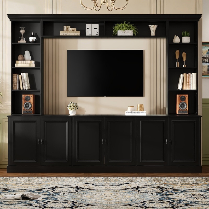 4-Piece Wall Unit Entertainment Center with Bookshelf for TVs Up to 70", Mid-Century Modern 97.4" TV Stand with Adjustable Shelf