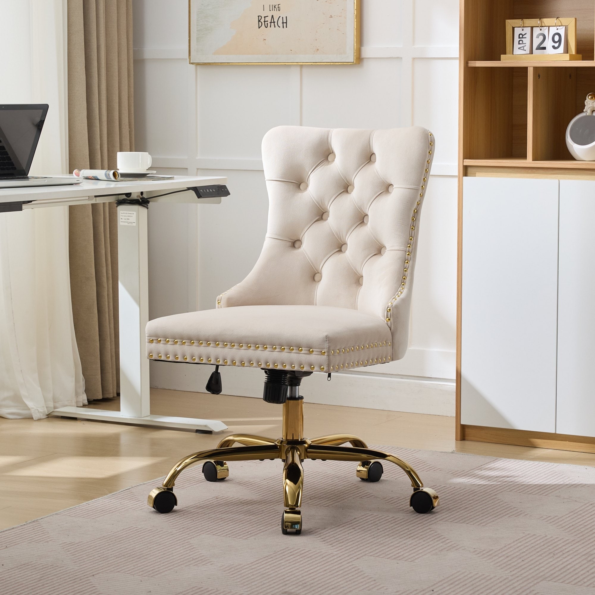 Office Chair,Modern Velvet Upholstered Tufted Button Home Office Chair with Golden Metal Base