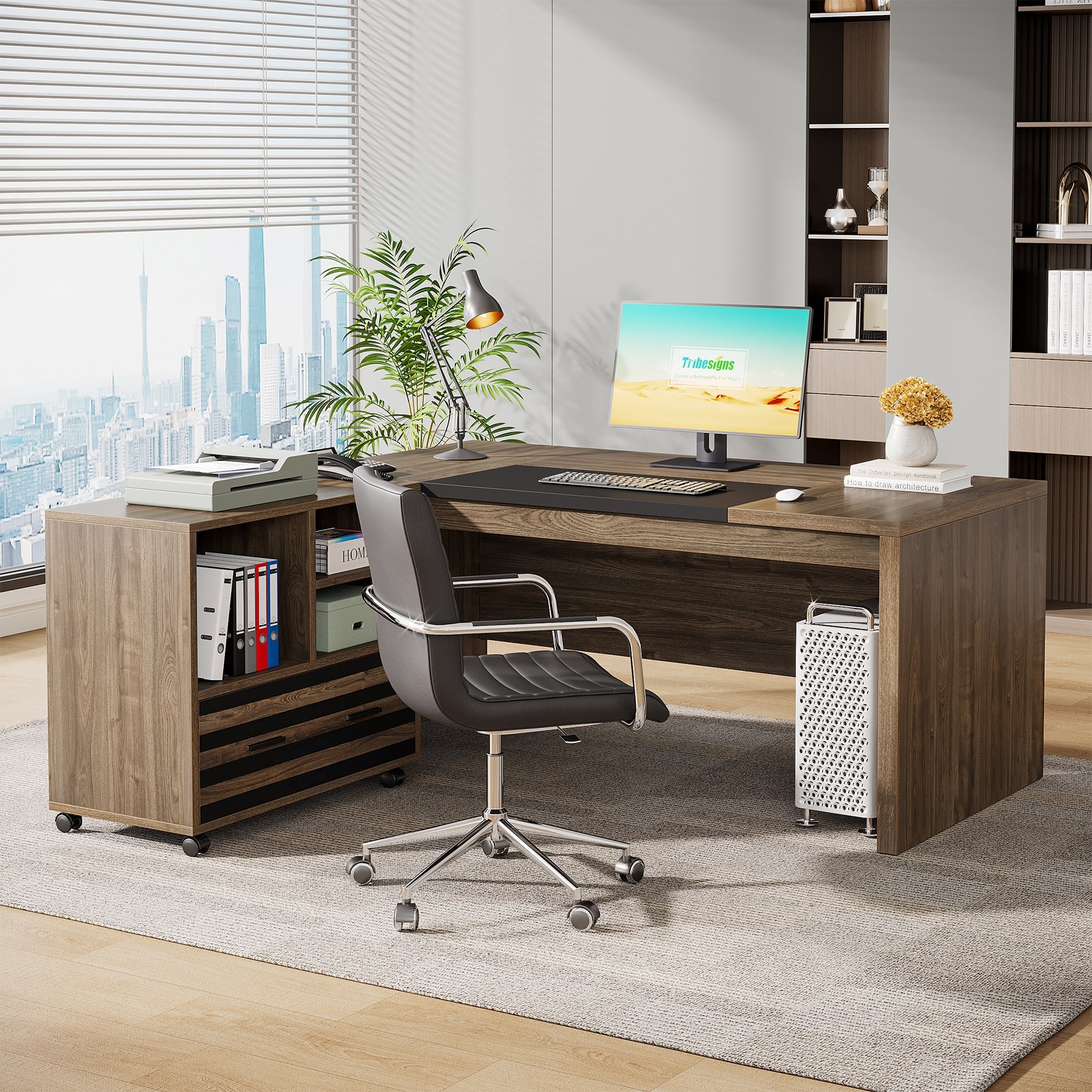 62.2" Executive Desk with Mobile File Cabinet, L-Shaped Office Desk for Home Office