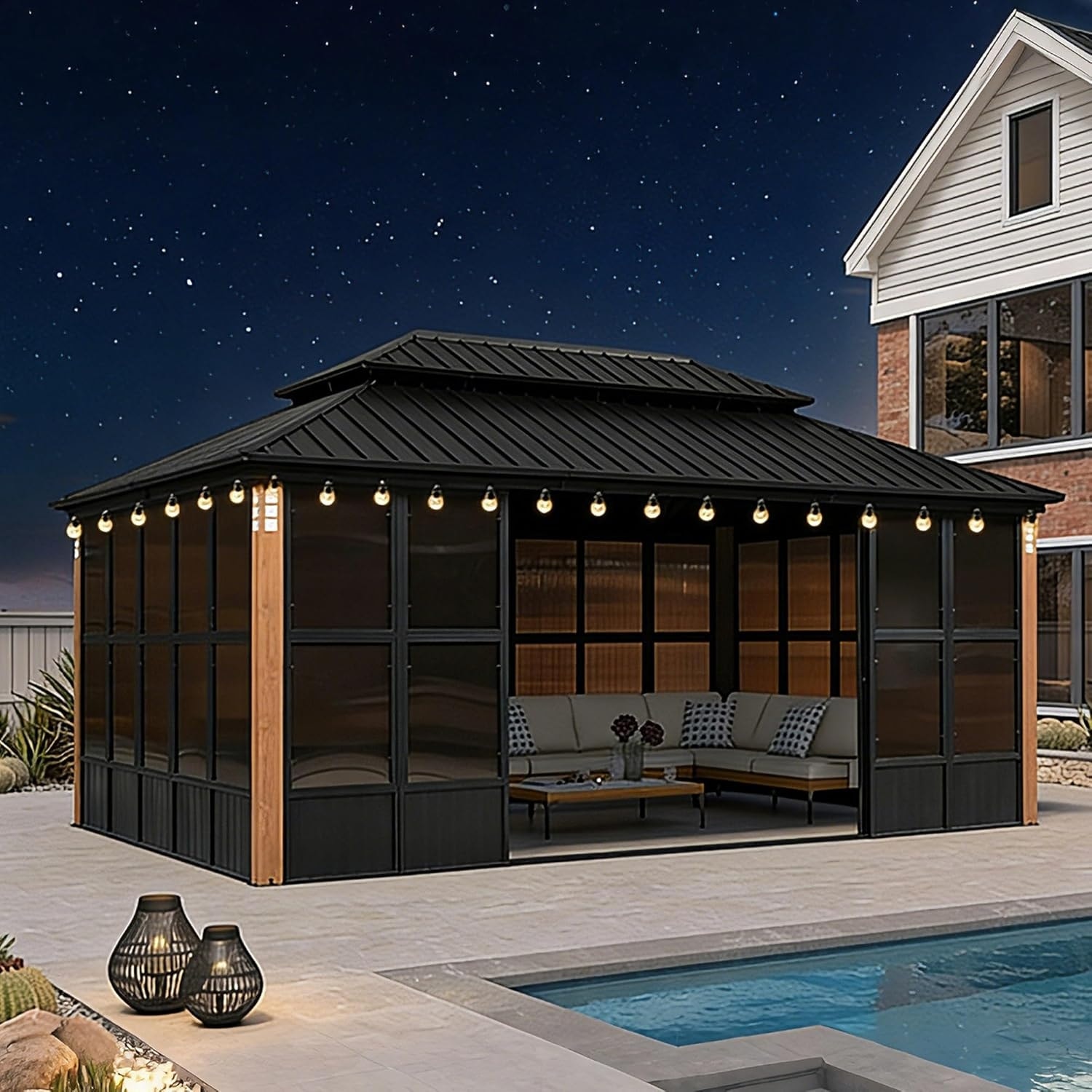 PURPLE LEAF Double Top Outdoor Sunroom All-Weather Screen House Patio Hardtop Gazebo