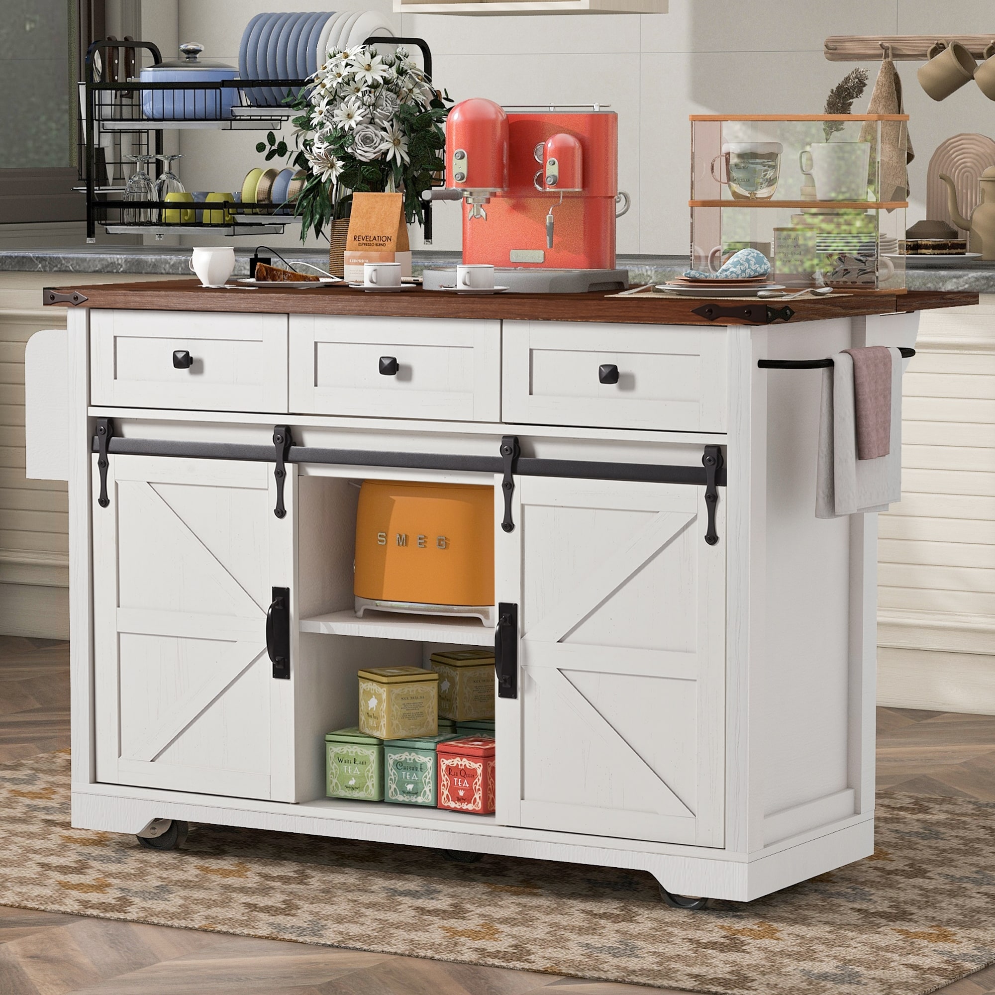 53.7" Farmhouse Kitchen Island with Power Outlet, 2 Sliding Barn Door, Drop Leaf & Spice Rack