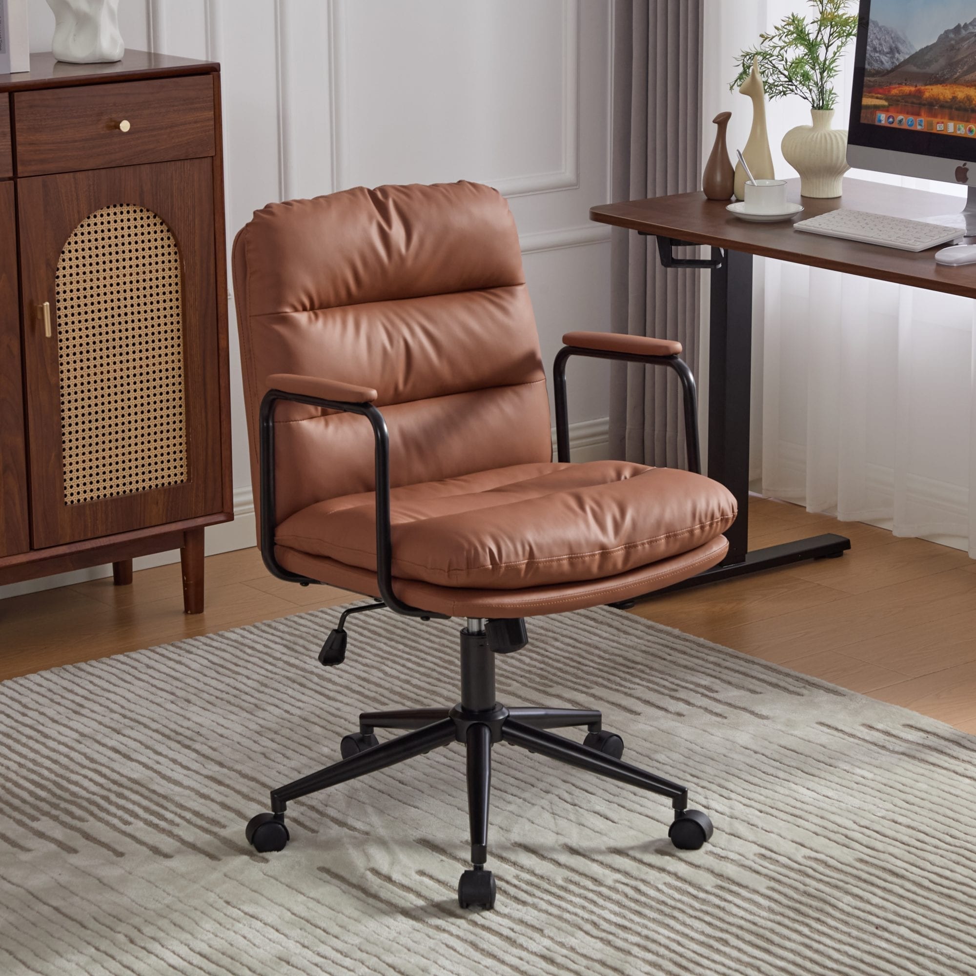 Office Chair,Mid Back Home Office Desk Task Chair with Wheels and Arms Ergonomic PU Leather Computer Rolling Swivel Chair