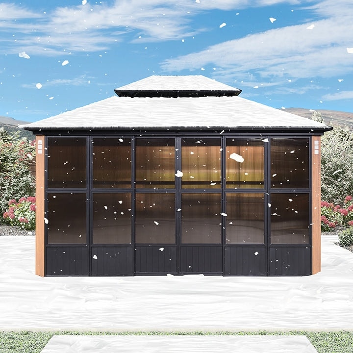 PURPLE LEAF Double Top Outdoor Wood Grain Sunroom Screen House Patio Hardtop Gazebo