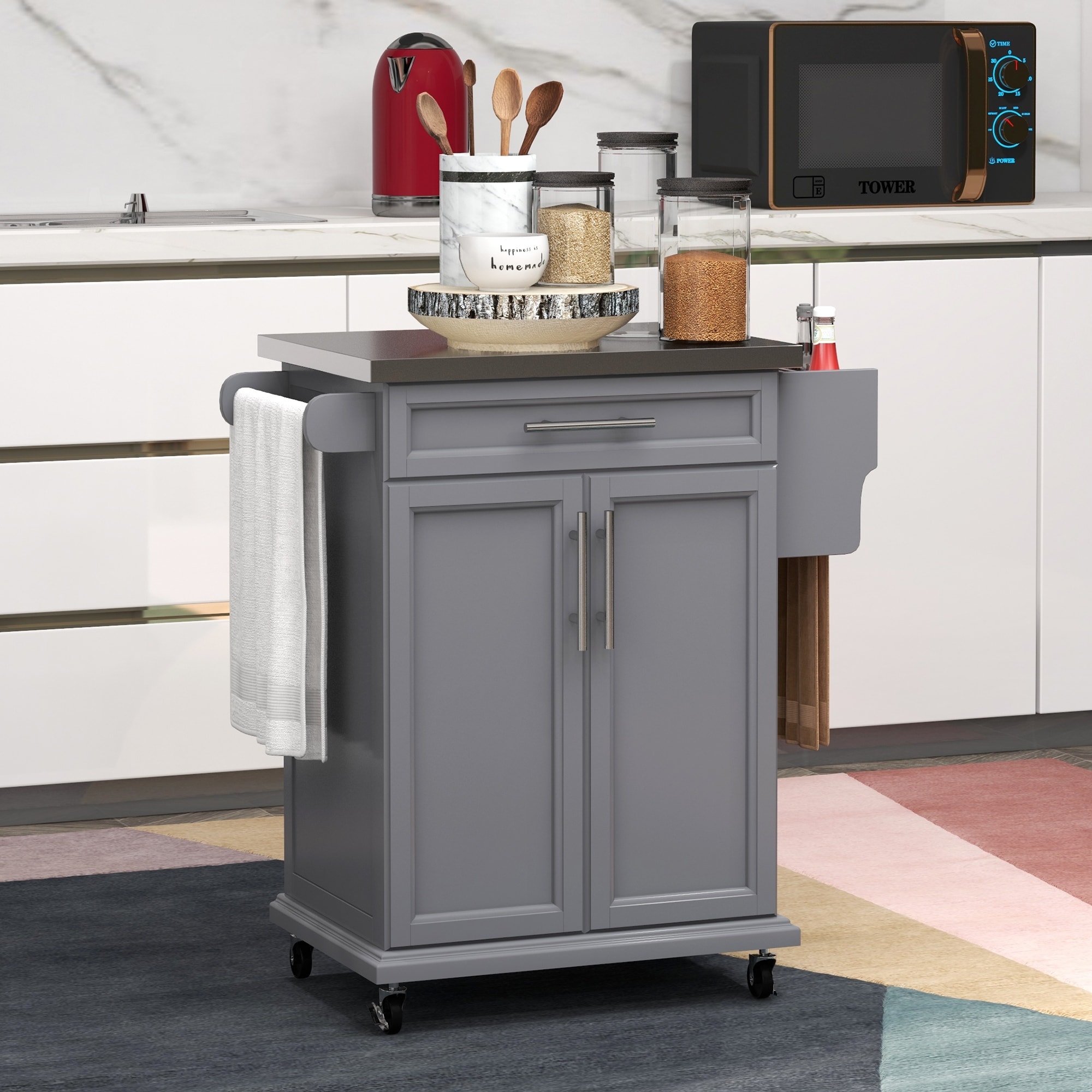 Kitchen Island with Drawer & Cabinet, Grey Rolling Kitchen Cart Mobile Kitchen Island with 4 Wheels & Towel Rack