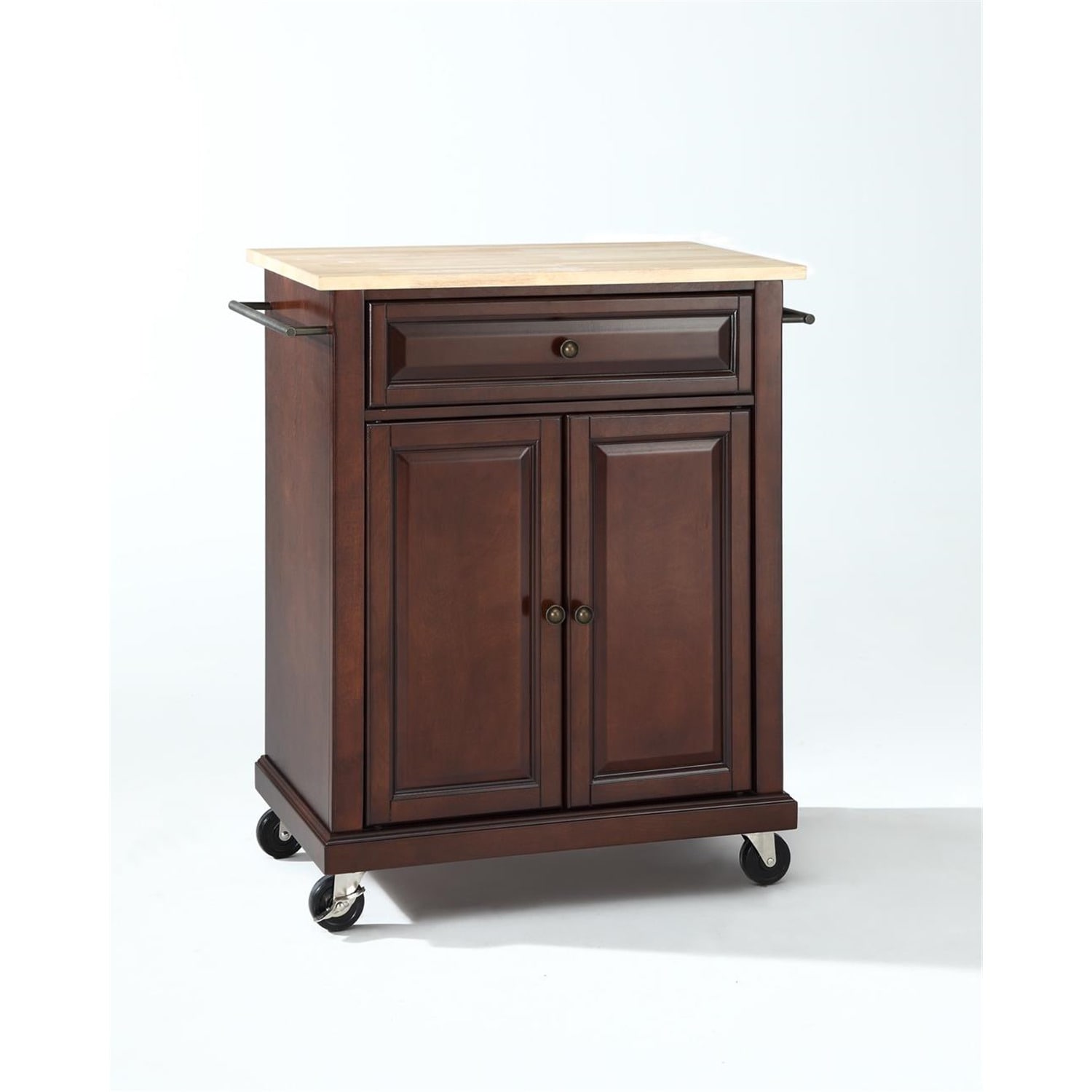 Compact Rolling Kitchen Cart with Cabinet, Adjustable Shelf, Drawer, Towel Bars, and Smooth Countertop Design - Mahogany