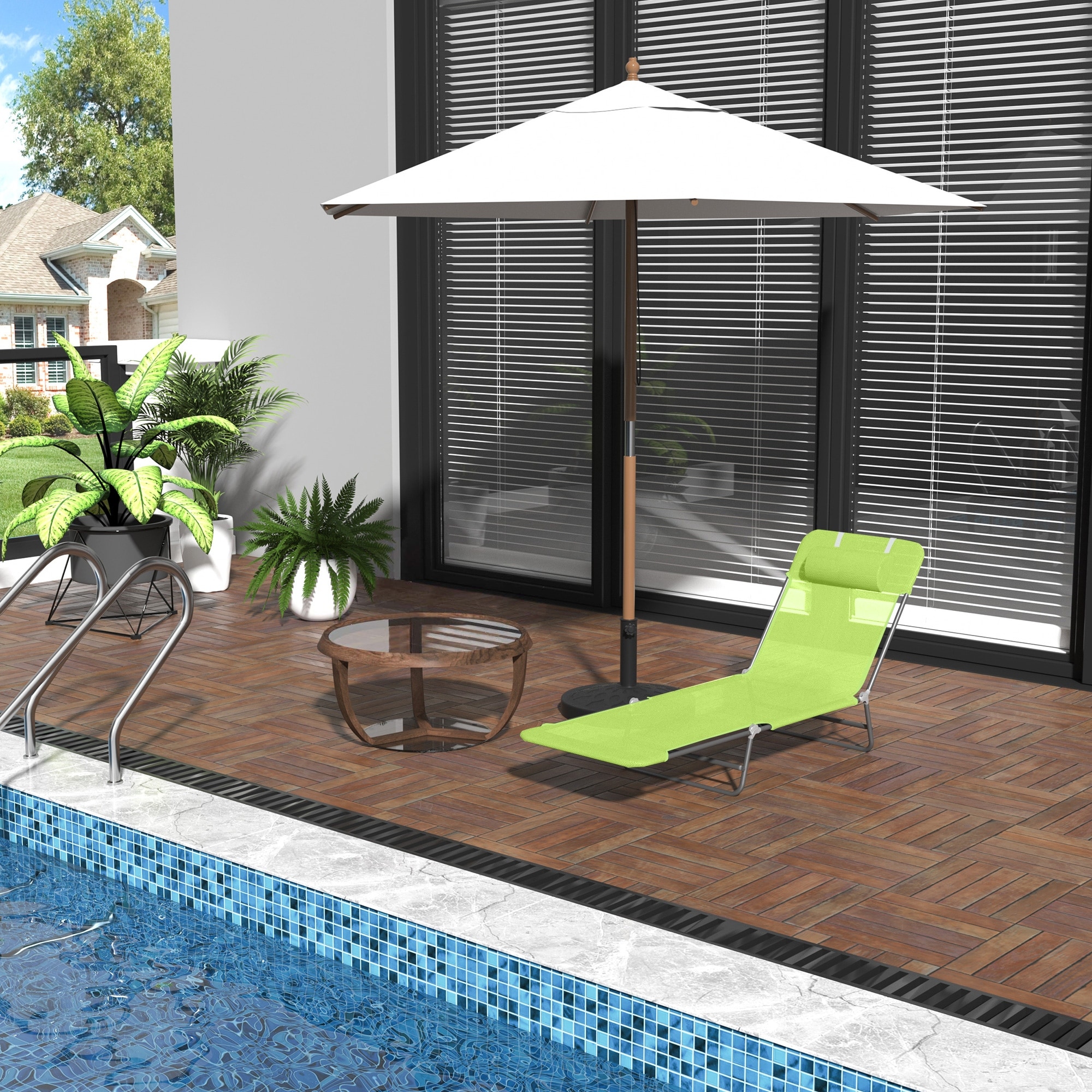 Outsunny Portable Sun Lounger, Folding Chaise Lounge Chair w/ Adjustable Backrest & Pillow for Beach, Poolside and Patio, Green