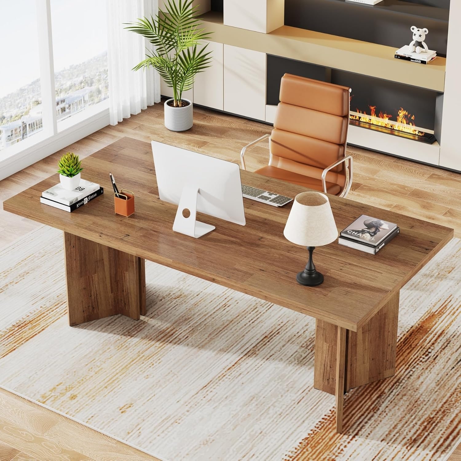 63-inch Wood Executive Desk with Large Tabletop, Vintage Home Office Computer Desk for Office