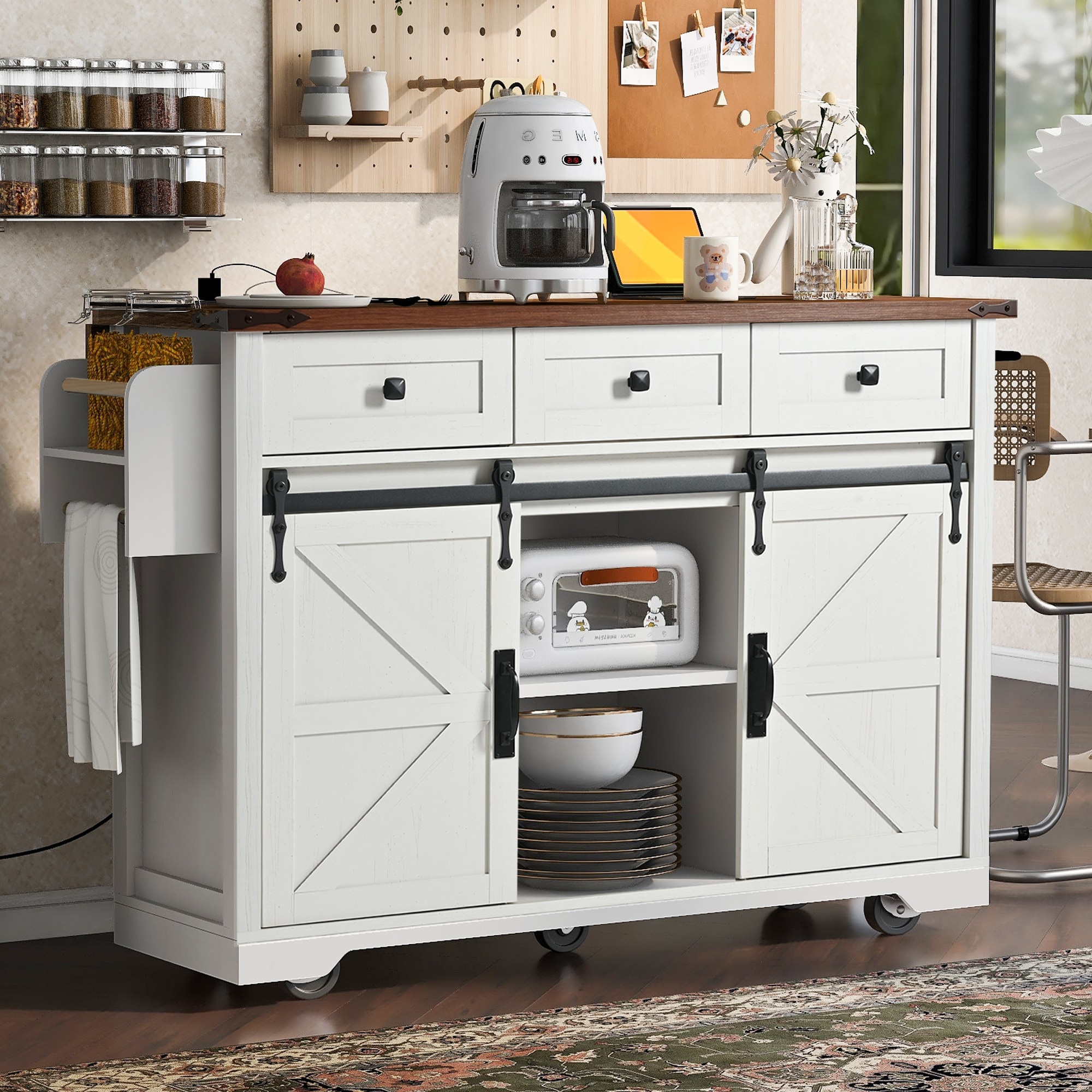 White Rolling Kitchen Cart with 3 Drawers & Drop Leaf, Kitchen Island Kitchen Storage Cart with Power Outlet