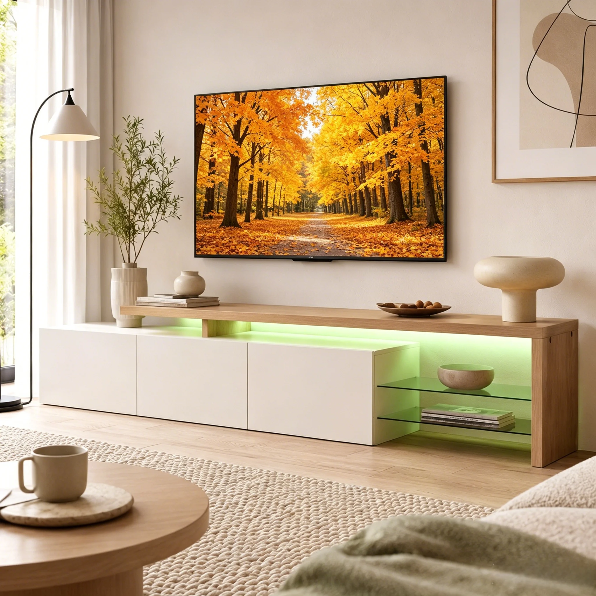 Meuble TV élégant, 200*39*42cm, meuble bas avec espace de rangement, étagères en verre et éclairage LED, finition grain de bois, meuble de salon, blanc