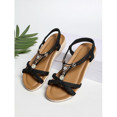 Elegante schwarze T-Riemen-Sandalen für Damen – bequeme, flache Schuhe im Boho-Stil mit Kristallverzierungen für Strandurlaube, Sommerhochzeiten und Kreuzfahrten auf See Image