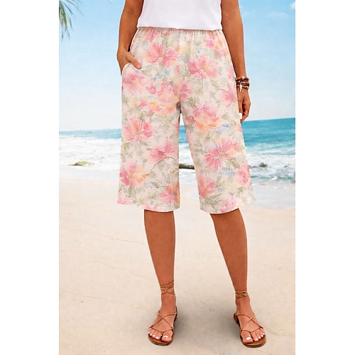 Damen Bermudashorts Chinos Shorts Urlaub Vintage Ethno-Stil Knielang Hohe Taille Blumen Grafik Elastischer Bund Komfort Unelastisch Täglich Urlaub Formell Blau Rosa Purpur Sommer Frühling Normale Image