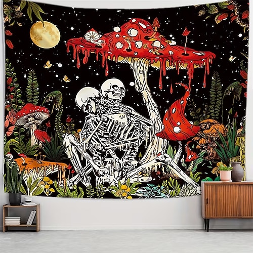 Wandteppich mit psychedelischem Motiv: Skelette, schmelzende rote Pilze, Mond und Sterne – gotische, botanische Indie-Ästhetik. Ideal für Schlafzimmer, Studentenwohnheim, Wohnzimmer, Wohnung oder als Image