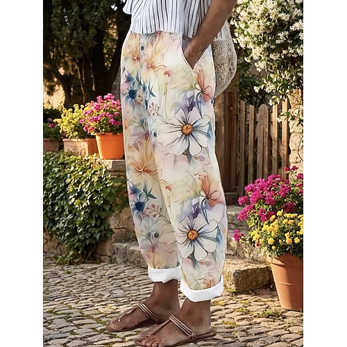 Damen Kunstbaumwollleinen Weites Bein Freizeithose Sommerhose Urlaub Mode Streetwear Knöchellang Mittlere Taille Blumen Grafik Tasche Elastischer Bund Druck Bequem Komfort Atmungsaktivität Unelastisch Image
