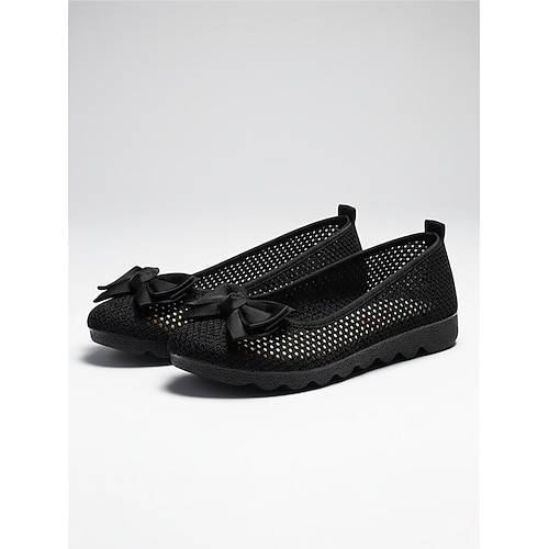 Schwarze Damen-Slipper aus Mesh, atmungsaktiv, mit Schleifenverzierung, bequeme Freizeitschuhe für Büro und Alltag Sommer Image
