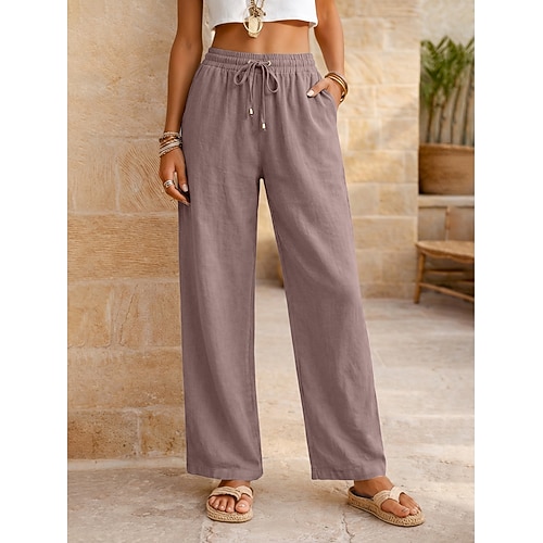 Damen Hose aus Baumwollleinen Sommerhose Hosen Hose Urlaub Basic Alltagstauglich Volle Länge Natürliche Taille Einfach Kordelzug Fronttasche Komfort Atmungsaktivität Bequem Unelastisch Täglich