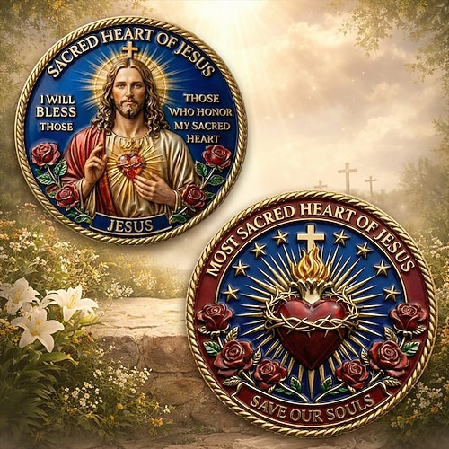 Gedenkmünze mit dem Heiligen Herzen Jesu zur Ehrung von Hingabe und Glauben, inspirierende christliche Sammlermedaille, religiöses Geschenk für Gebet und Andacht. Image