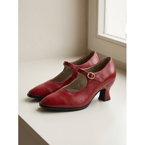 Rote Mary-Jane-Pumps im viktorianischen Stil für Damen – elegante Vintage-Pumps Verstellbarer Knöchelriemen für historische Kostüme, klassische Lolita-Outfits anspruchsvolle Partys Image