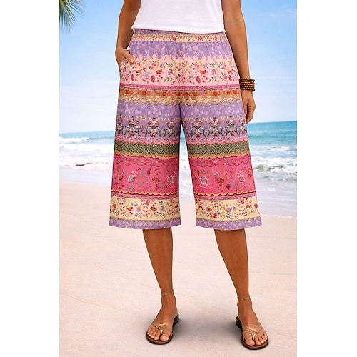 Damen Chinos Shorts Urlaub Vintage Ethno-Stil Knielang Hohe Taille Blumen Grafik Elastischer Bund Komfort Unelastisch Lässig Täglich Urlaub Blau Weiß Rosa Grün Sommer Frühling Lässiger Schnitt Image