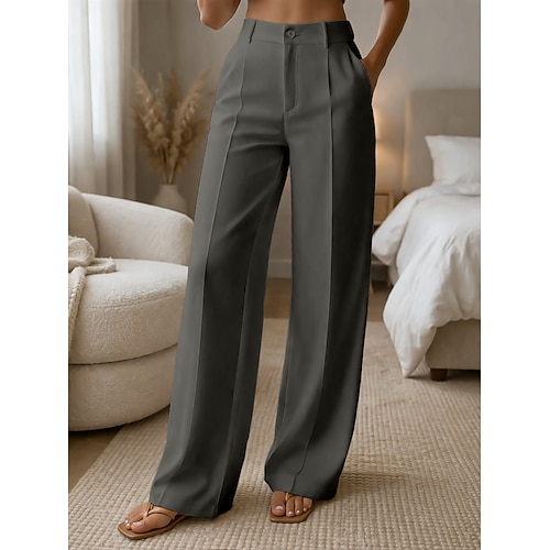 Damen Weites Bein Hose Anzughose Freizeithose Mode Streetwear Basic Volle Länge Hohe Taille Einfach Tasche Elastischer Bund Bequem Unelastisch Täglich Büro Urlaub Dunkelblau Schwarz Weiß Gelb Image