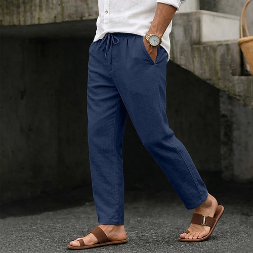 Herren Sommerhose Strandhose Kordelzug Tasche Elastischer Bund Einfach Komfort Atmungsaktiv Volle Länge Täglich Strand Urlaub Urlaub Hawaiianisch Blau Schwarz Unelastisch Image