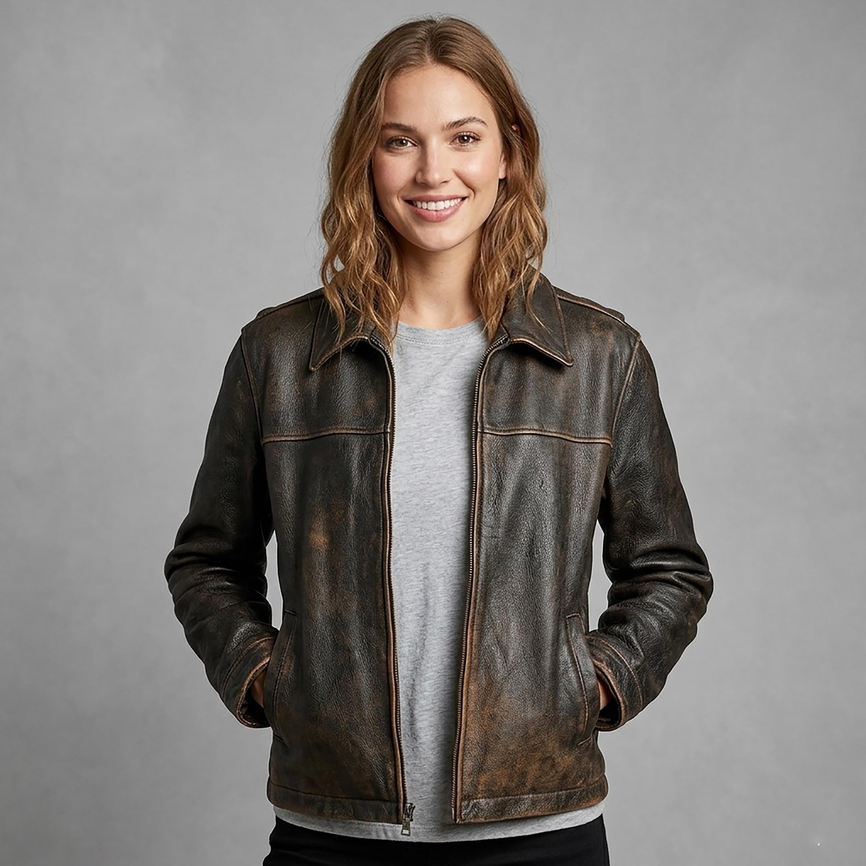 Handmade Women Oversized Bomber Distressed Brown Real Leather Jacket - Classic Outerwear Zipper Jacket - Streetwear Jacket - Gift For Her