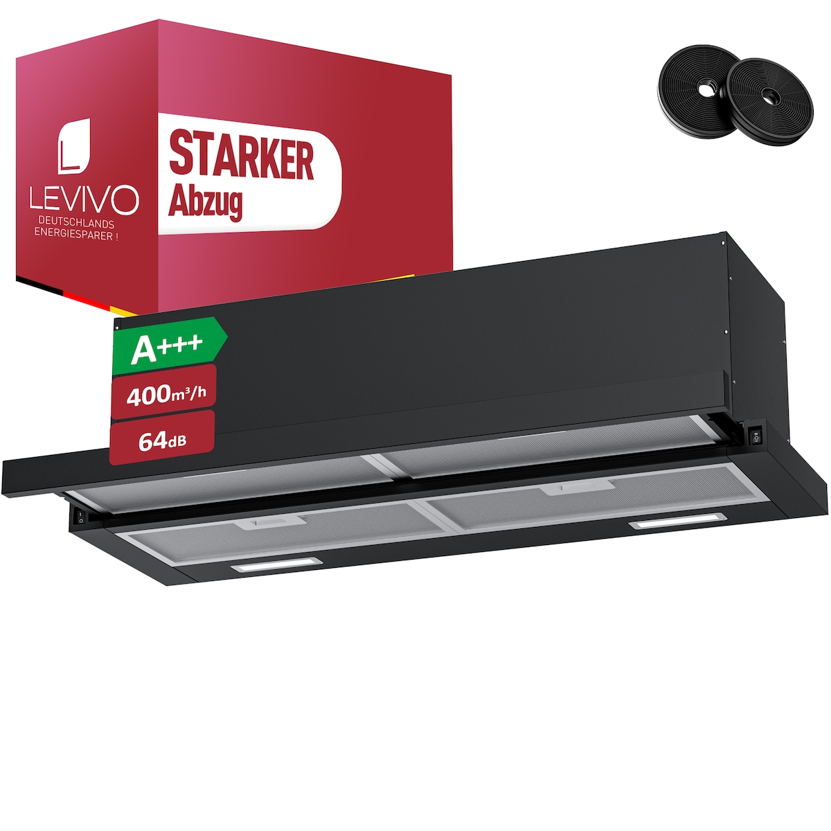 Levivo A+++ Flachschirmhaube 90 cm Umluft & Abluft mit 400 m³/h , Einbau Dunstabzugshaube mit 2 Aktivkohlefiltern, 4 Fettfiltern, 2 Stufen, 2 LEDs Image