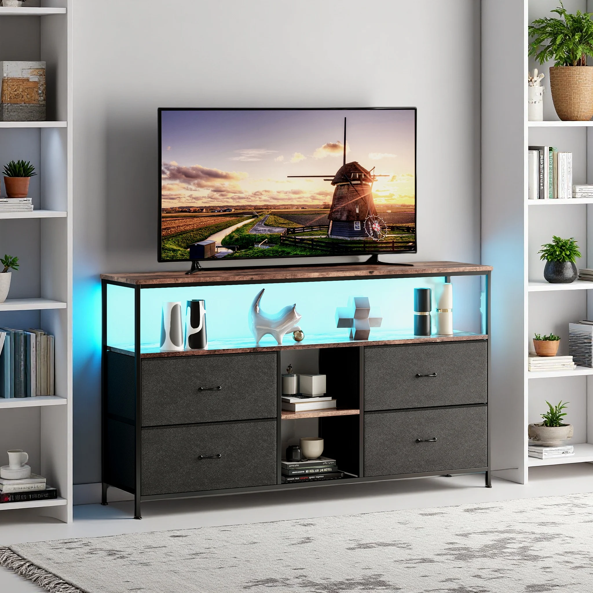 Comanlai 137cm TV-Schrank mit 4 Schubladen und LED-Beleuchtungsstreifen, Stauraum, Stoffschubladen, Schlafzimmer, Fernsehtisch