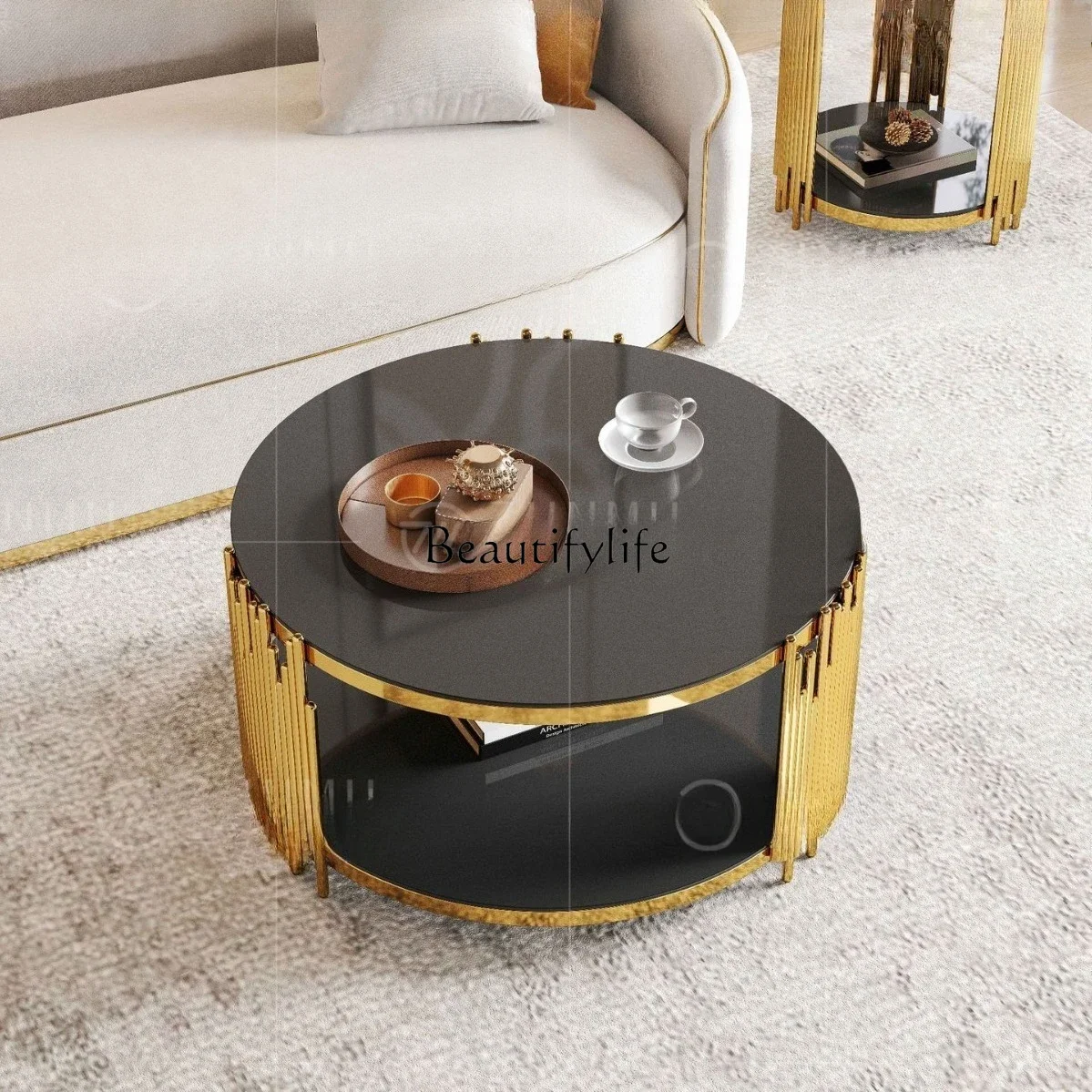 yj21 yj31 Moderner heller Luxus-Couchtisch aus Glas für Wohnzimmer, kreativer, minimalistischer runder Ecktisch aus Edelstahl
