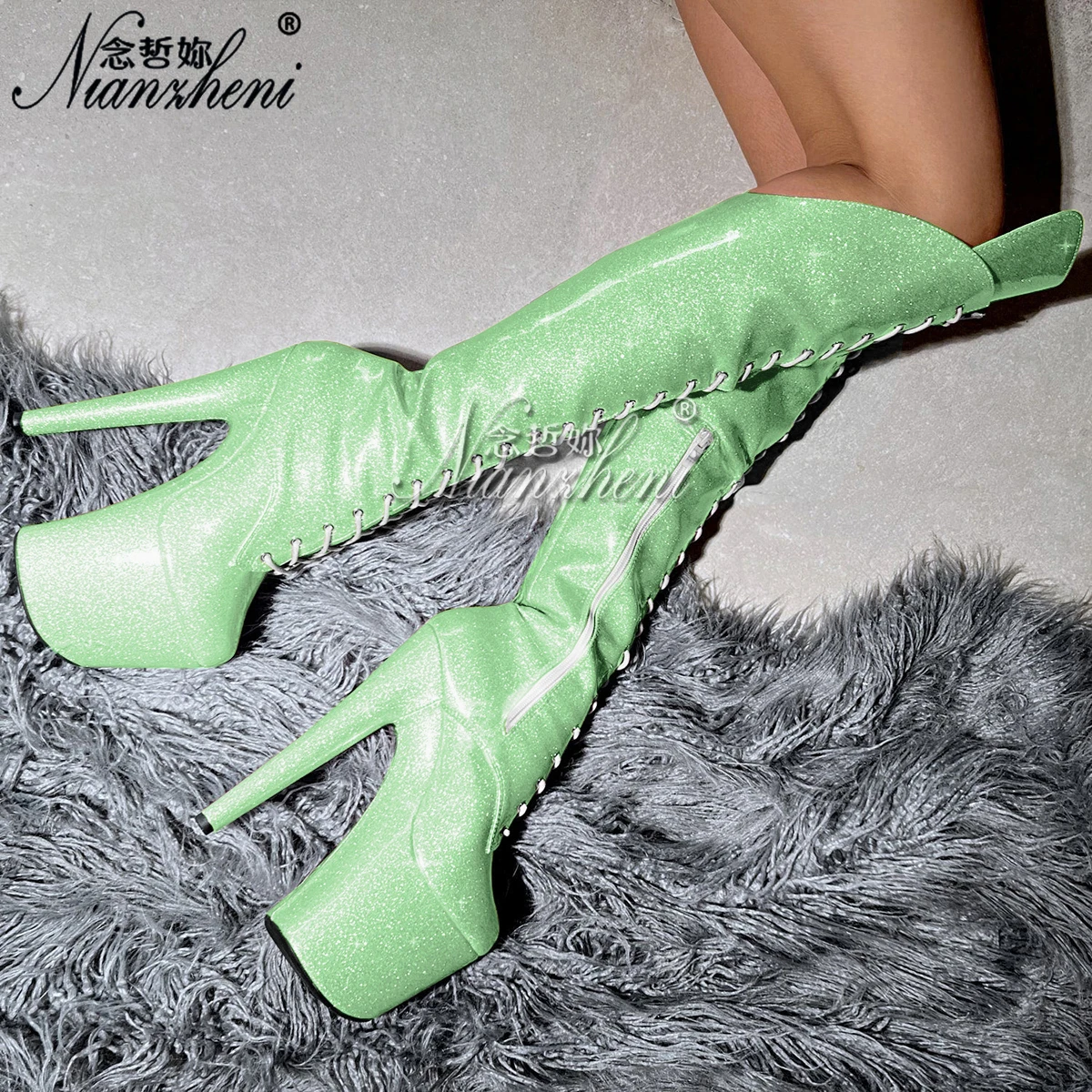 Glitzernde Gothic Neuheit 8-Zoll High Heels Sexy Queen 20cm Overknee-Stiefel Kampfplattform Pole Dance Schuhe Exotische Stripper-Schuhe