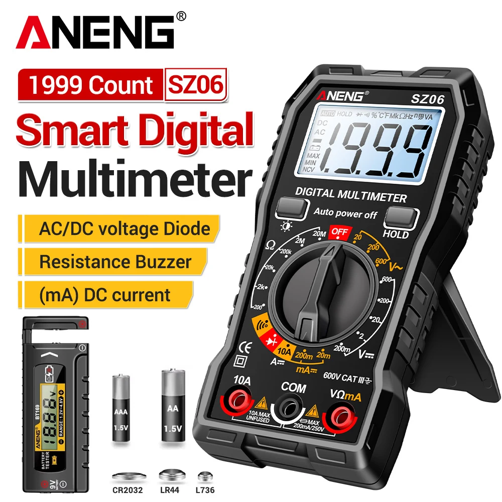ANENG Digitales Multimeter SZ06+BT169 Batterietester-Set Hochpräziser DC/AC-Spannungs-Diodentester für Elektriker und Haushalt Image