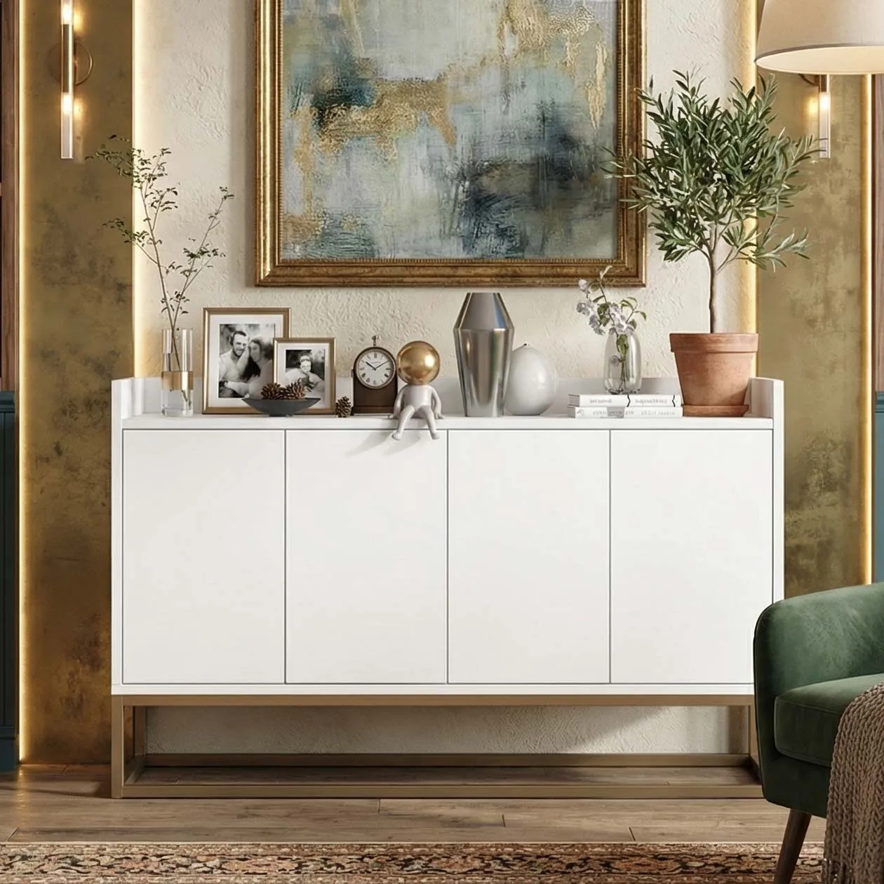 Buffet cm Weiß & Gold, Push-to-Open-Kommode ohne Griff, 4 Türen, Stauraum für Wohnzimmer und Küche, Metallfüße, modernes Design Image