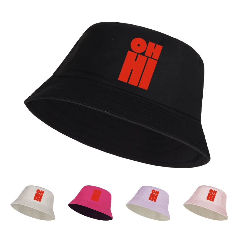 "OH HI" Bucket Hat mit kräftigem rotem Aufdruck für Herren und Damen, minimalistischer faltbarer Sonnenhut, lässige Streetwear-Sommermütze Image